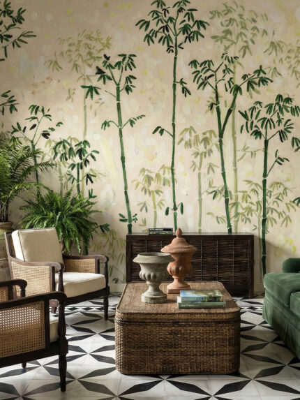 Impressionist style bamboo forest wall mural by Musee, featuring artistic brushstrokes and dappled light effect, luxury wallpaper design available in Dubai UAE.