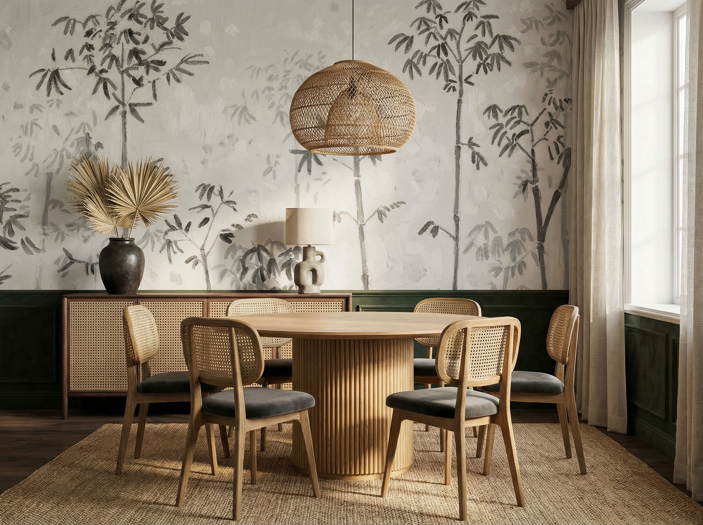 Musee | Whispering Bamboo Wall Mural Impressionist style bamboo forest wall mural by Musee, featuring artistic brushstrokes and dappled light effect, luxury wallpaper design available in Dubai UAE.