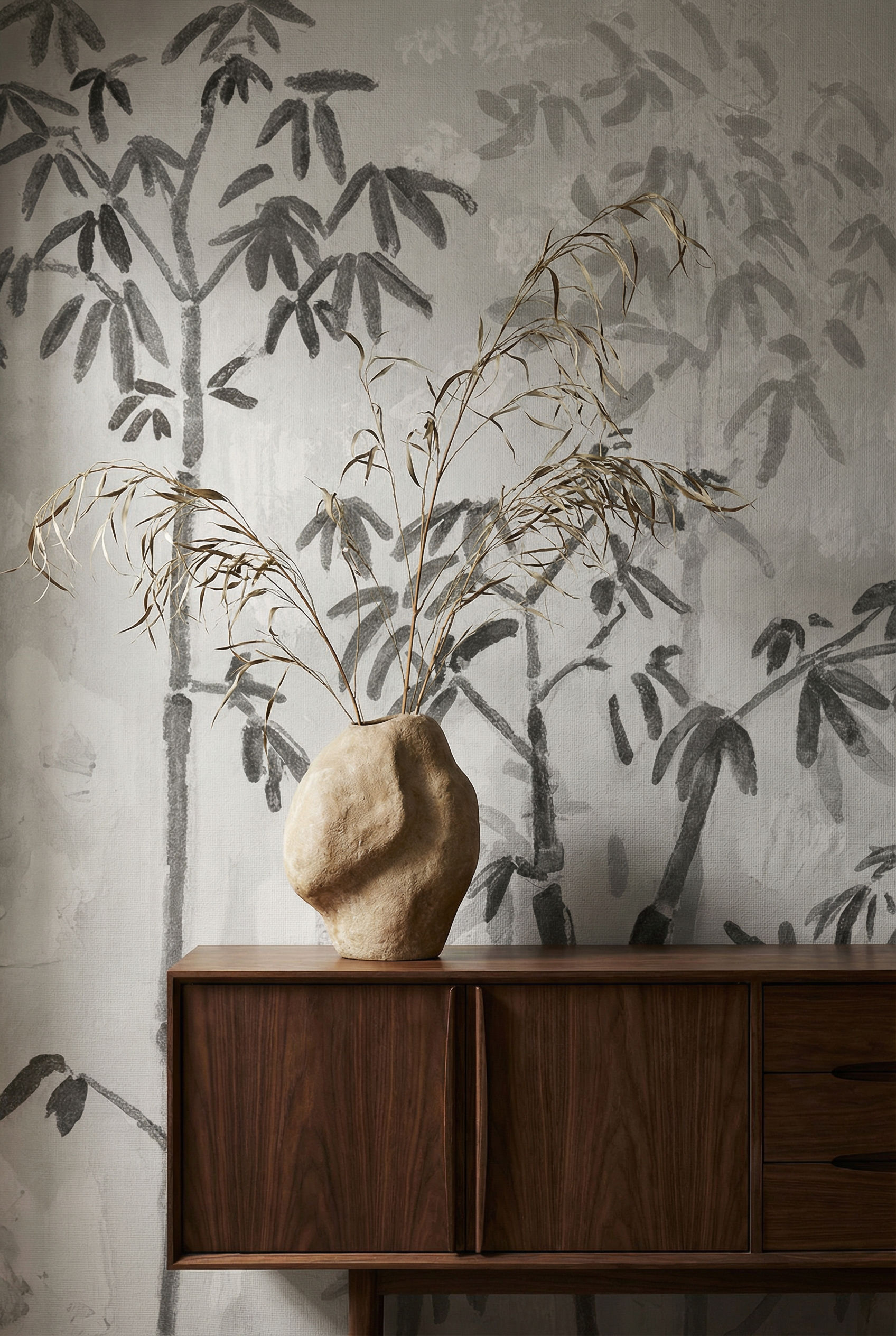 Musee | Whispering Bamboo Wall Mural Impressionist style bamboo forest wall mural by Musee, featuring artistic brushstrokes and dappled light effect, luxury wallpaper design available in Dubai UAE.