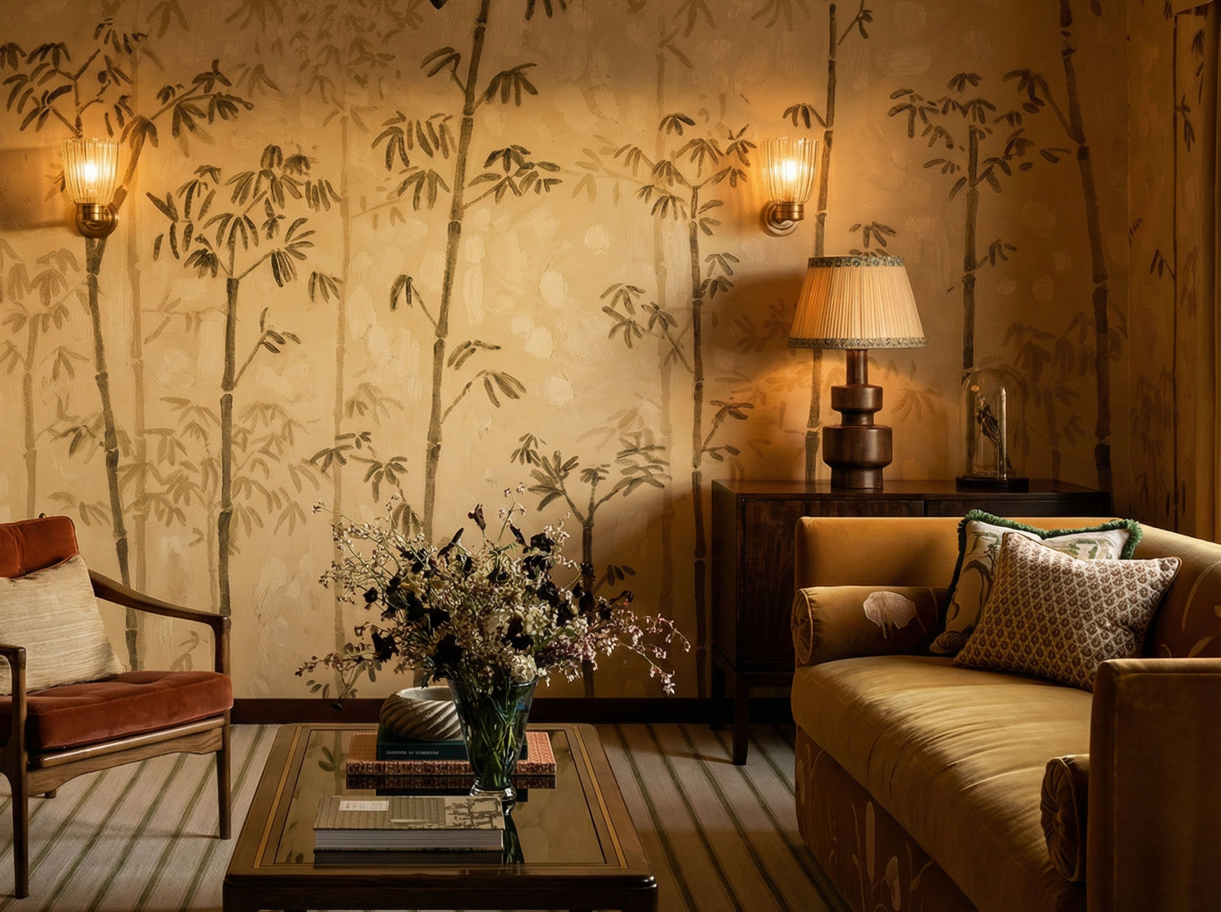 Musee | Whispering Bamboo Wall Mural Impressionist style bamboo forest wall mural by Musee, featuring artistic brushstrokes and dappled light effect, luxury wallpaper design available in Dubai UAE.