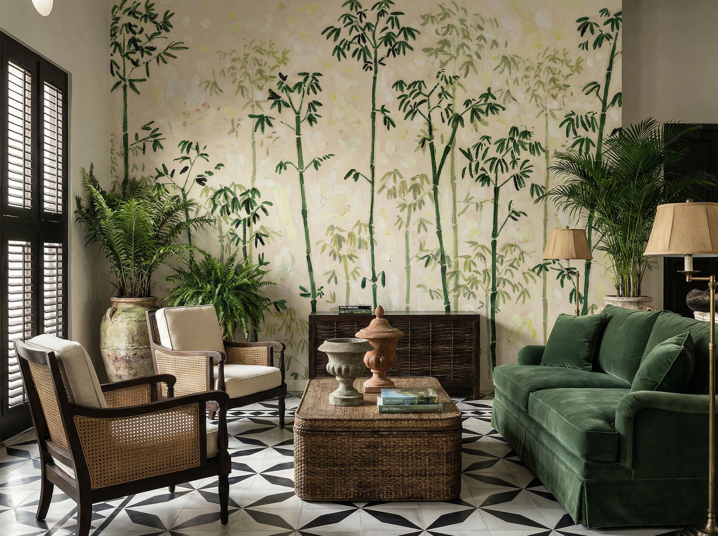 Musee | Whispering Bamboo Wall Mural Impressionist style bamboo forest wall mural by Musee, featuring artistic brushstrokes and dappled light effect, luxury wallpaper design available in Dubai UAE.