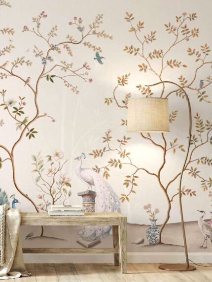 Oriental Serenity wall mural by Musee featuring peacocks, cranes, pheasants, and porcelain vases in a serene garden setting, luxury Chinoiserie wallpaper Dubai.