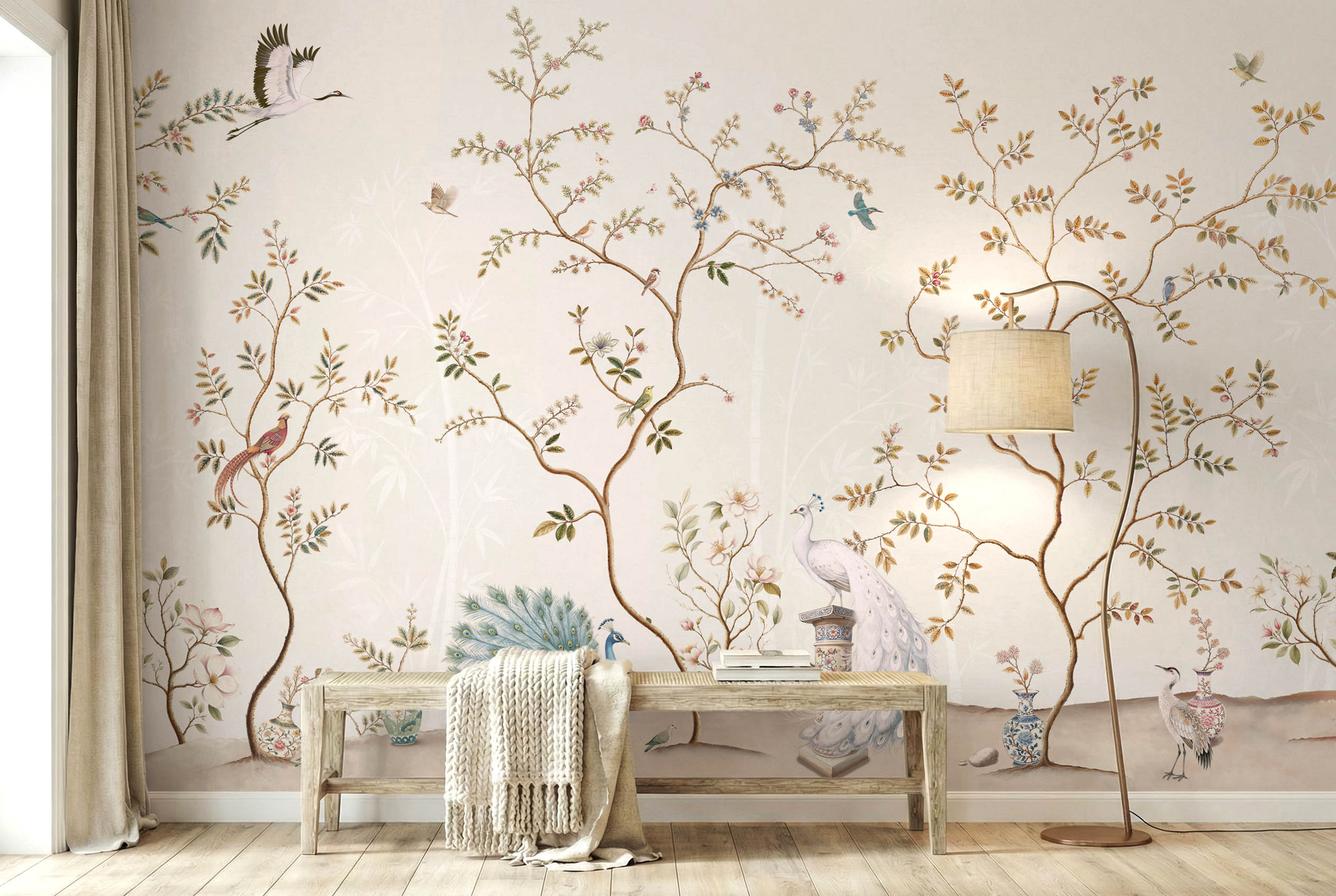 Musee | Oriental Serenity Wall Mural Oriental Serenity wall mural by Musee featuring peacocks, cranes, pheasants, and porcelain vases in a serene garden setting, luxury Chinoiserie wallpaper Dubai.