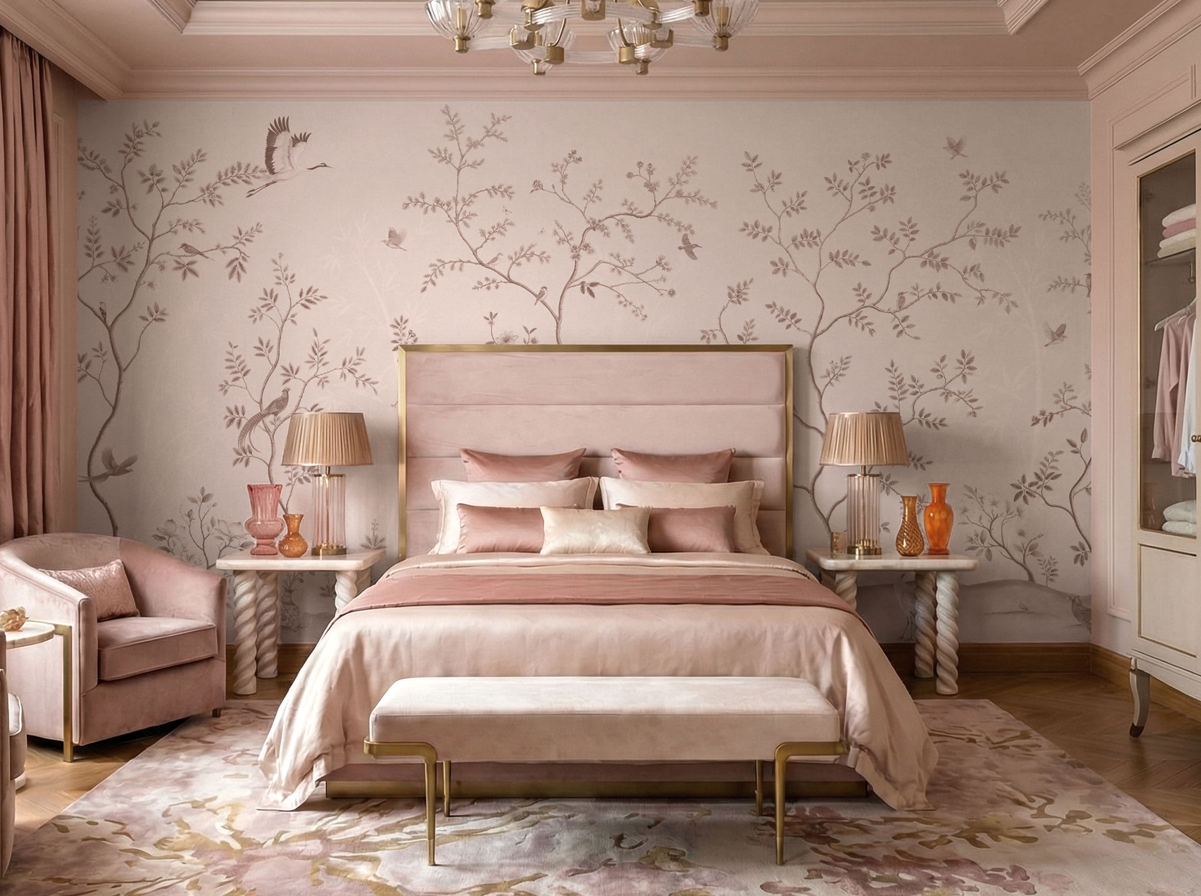 Musee | Oriental Serenity Wall Mural Oriental Serenity wall mural by Musee featuring peacocks, cranes, pheasants, and porcelain vases in a serene garden setting, luxury Chinoiserie wallpaper Dubai.