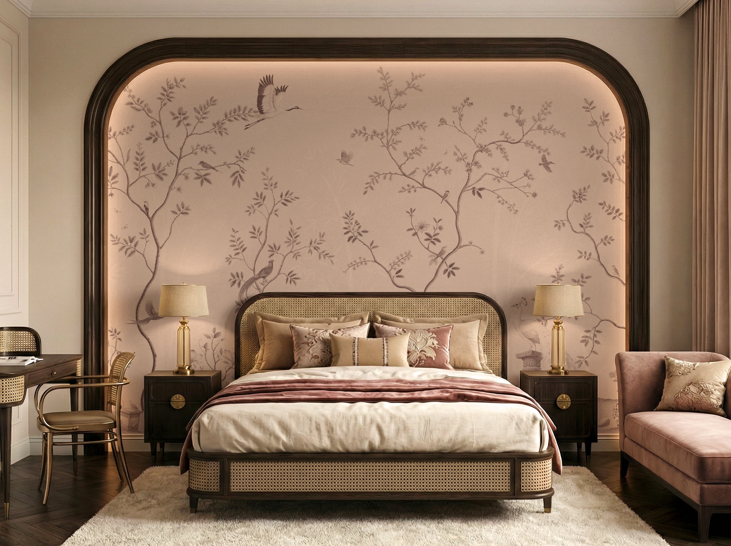 Musee | Oriental Serenity Wall Mural Oriental Serenity wall mural by Musee featuring peacocks, cranes, pheasants, and porcelain vases in a serene garden setting, luxury Chinoiserie wallpaper Dubai.