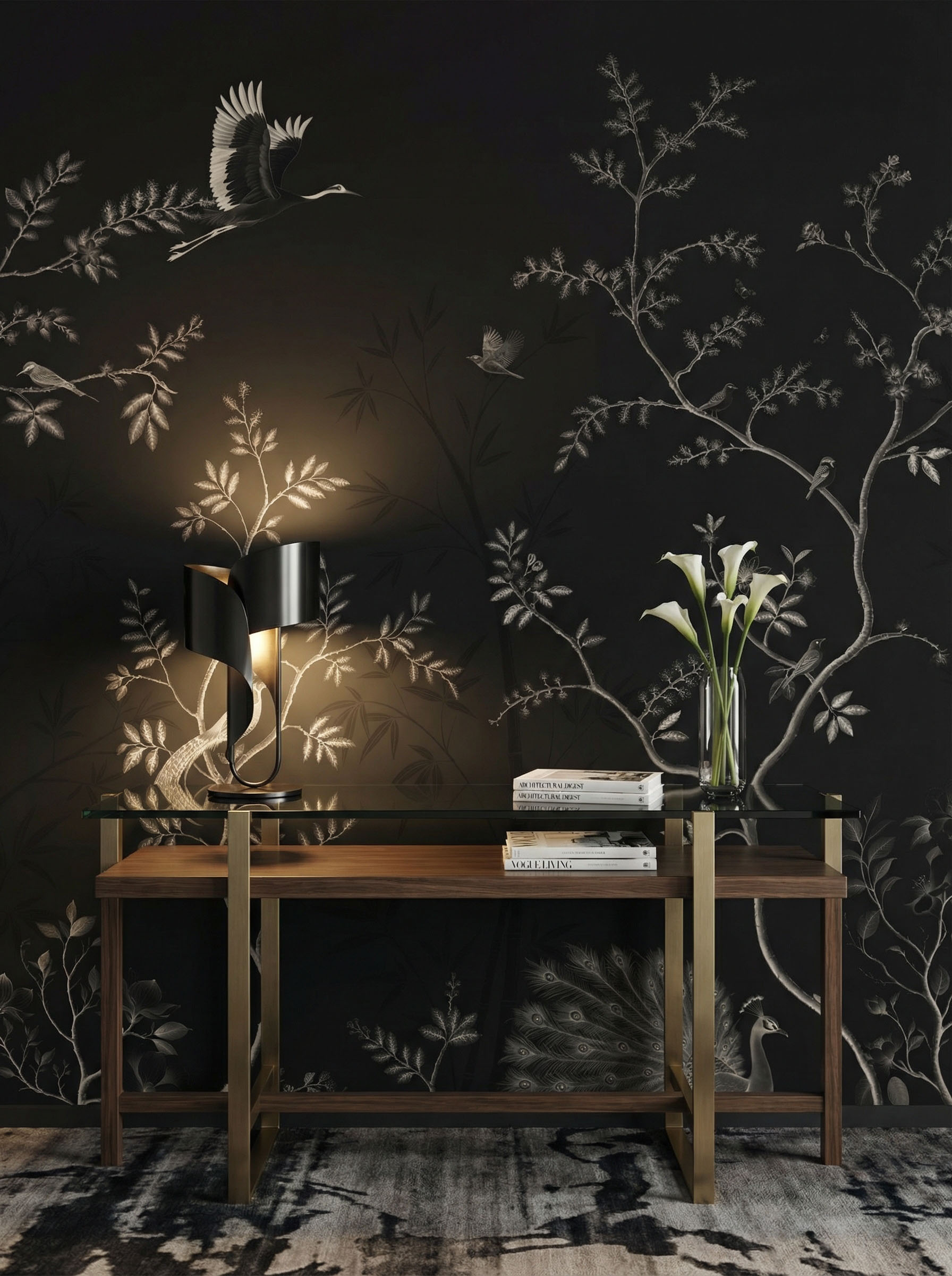 Musee | Oriental Serenity Wall Mural Oriental Serenity wall mural by Musee featuring peacocks, cranes, pheasants, and porcelain vases in a serene garden setting, luxury Chinoiserie wallpaper Dubai.