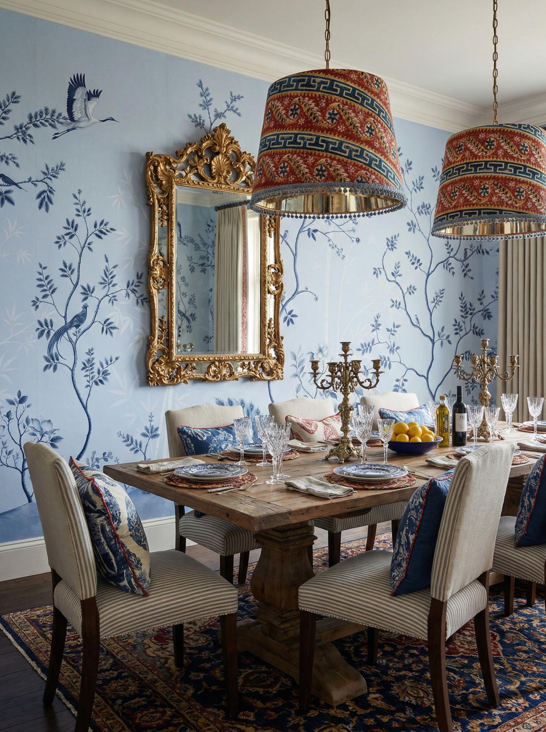 Musee | Oriental Serenity Wall Mural Oriental Serenity wall mural by Musee featuring peacocks, cranes, pheasants, and porcelain vases in a serene garden setting, luxury Chinoiserie wallpaper Dubai.