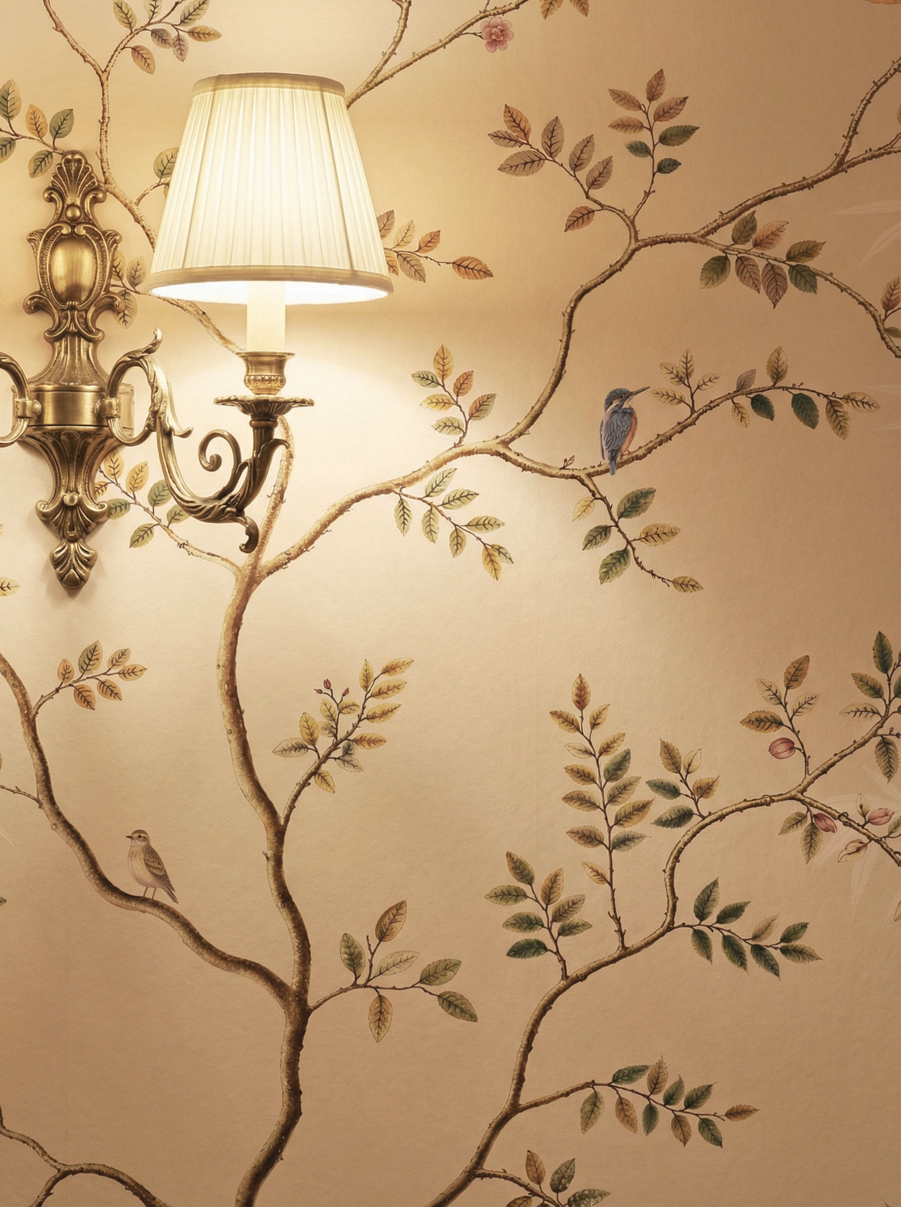 Musee | Oriental Serenity Wall Mural Oriental Serenity wall mural by Musee featuring peacocks, cranes, pheasants, and porcelain vases in a serene garden setting, luxury Chinoiserie wallpaper Dubai.