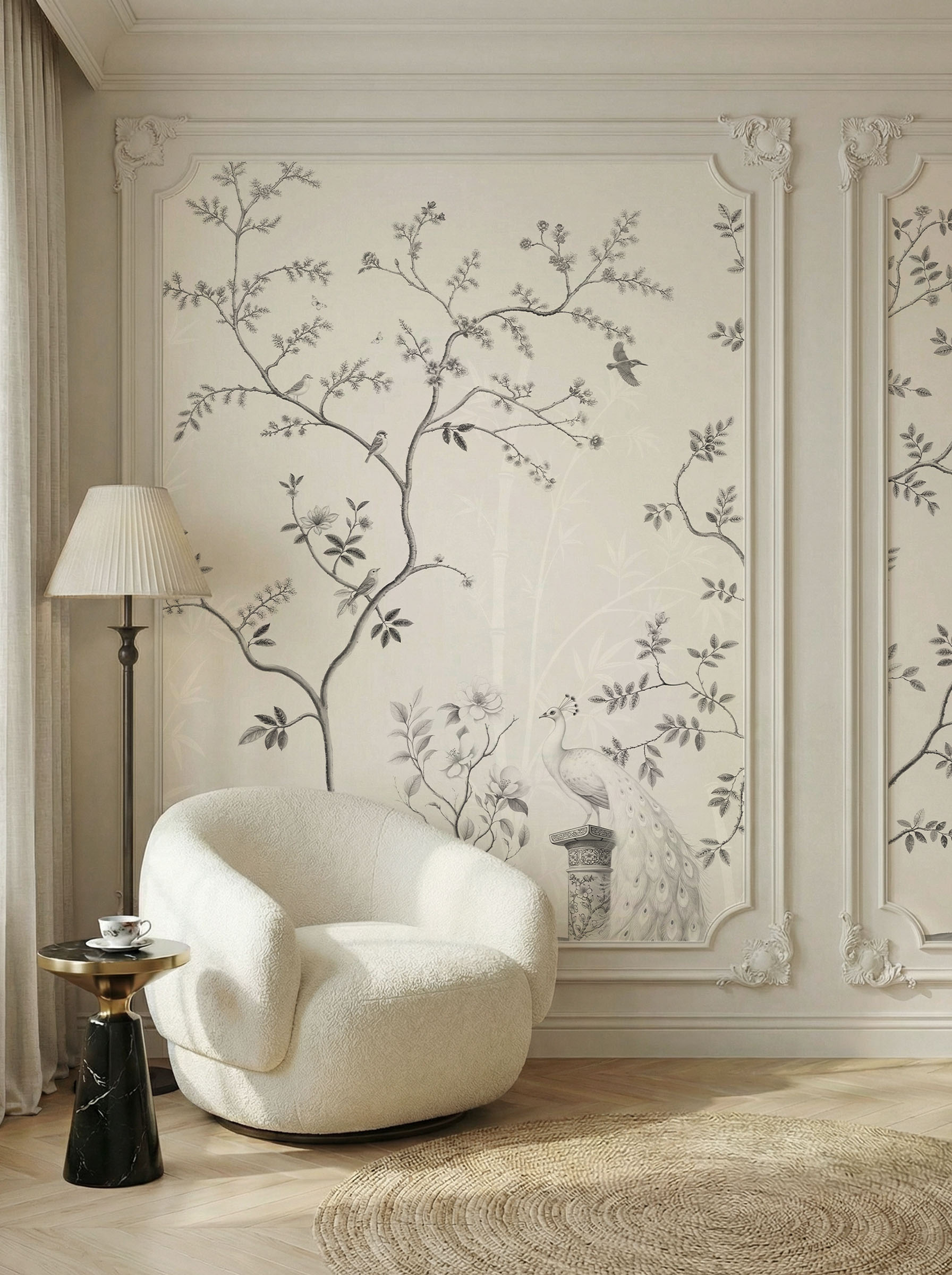 Musee | Oriental Serenity Wall Mural Oriental Serenity wall mural by Musee featuring peacocks, cranes, pheasants, and porcelain vases in a serene garden setting, luxury Chinoiserie wallpaper Dubai.