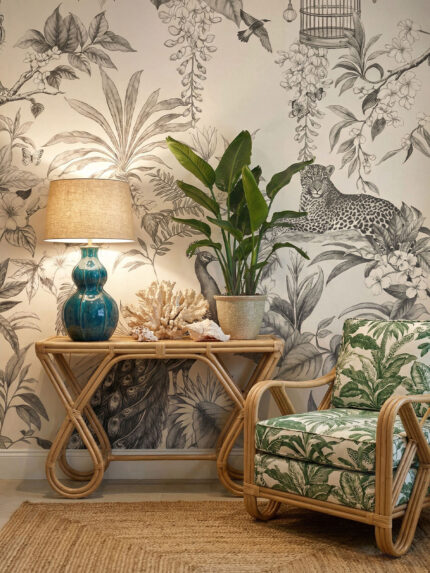 Monochromatic toile de jouy style wall mural by Musee featuring tigers, peacocks, and monkeys in an etched garden design, luxury wallpaper Dubai.