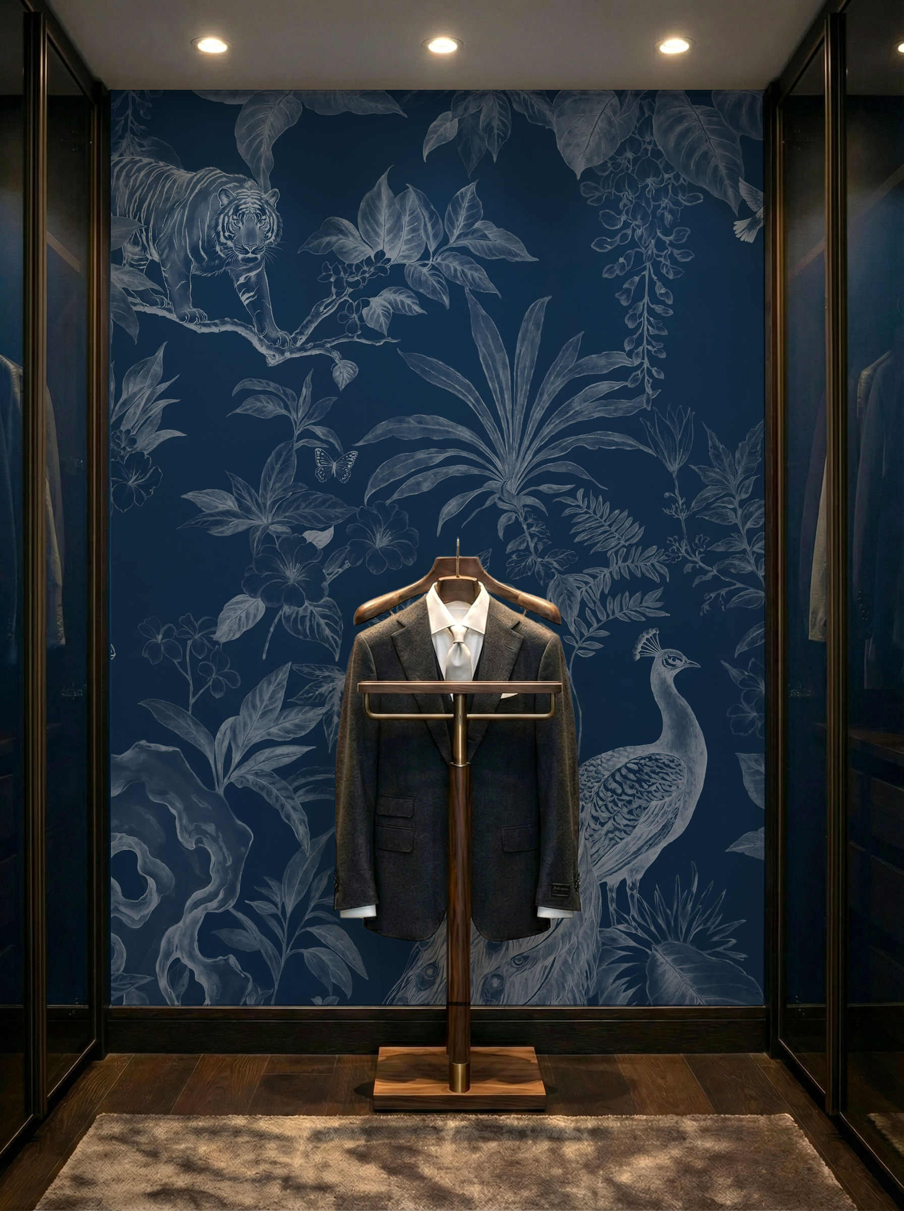 Musee | Royal Menagerie Toile Wall Mural Monochromatic toile de jouy style wall mural by Musee featuring tigers, peacocks, and monkeys in an etched garden design, luxury wallpaper Dubai.