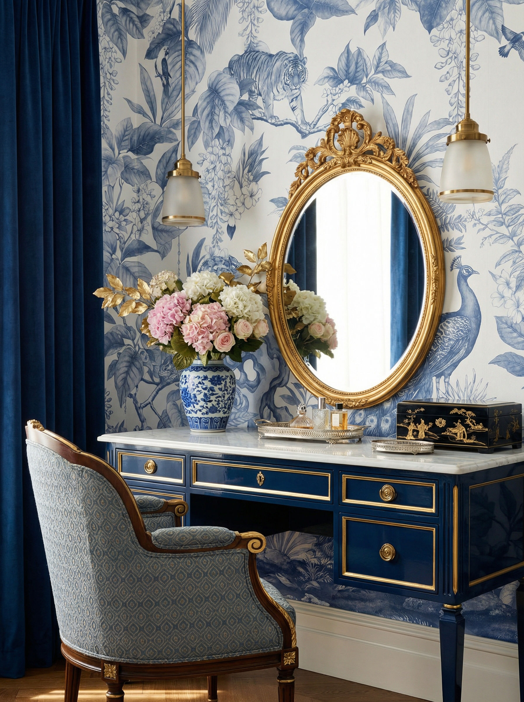 Musee | Royal Menagerie Toile Wall Mural Monochromatic toile de jouy style wall mural by Musee featuring tigers, peacocks, and monkeys in an etched garden design, luxury wallpaper Dubai.