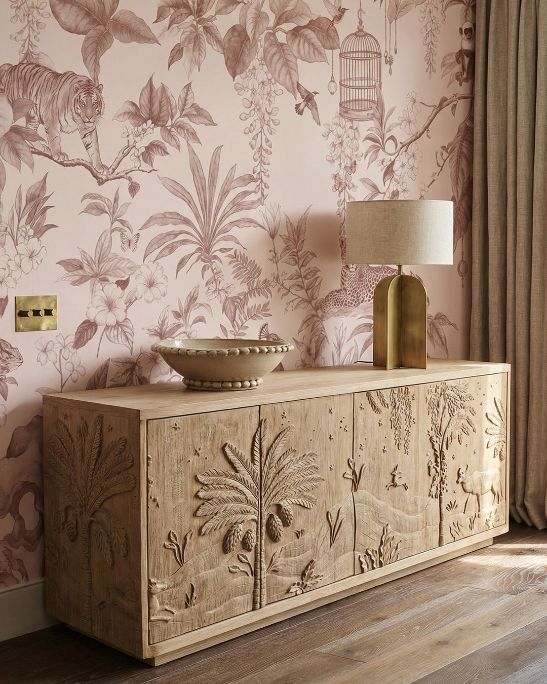 Musee | Royal Menagerie Toile Wall Mural Monochromatic toile de jouy style wall mural by Musee featuring tigers, peacocks, and monkeys in an etched garden design, luxury wallpaper Dubai.