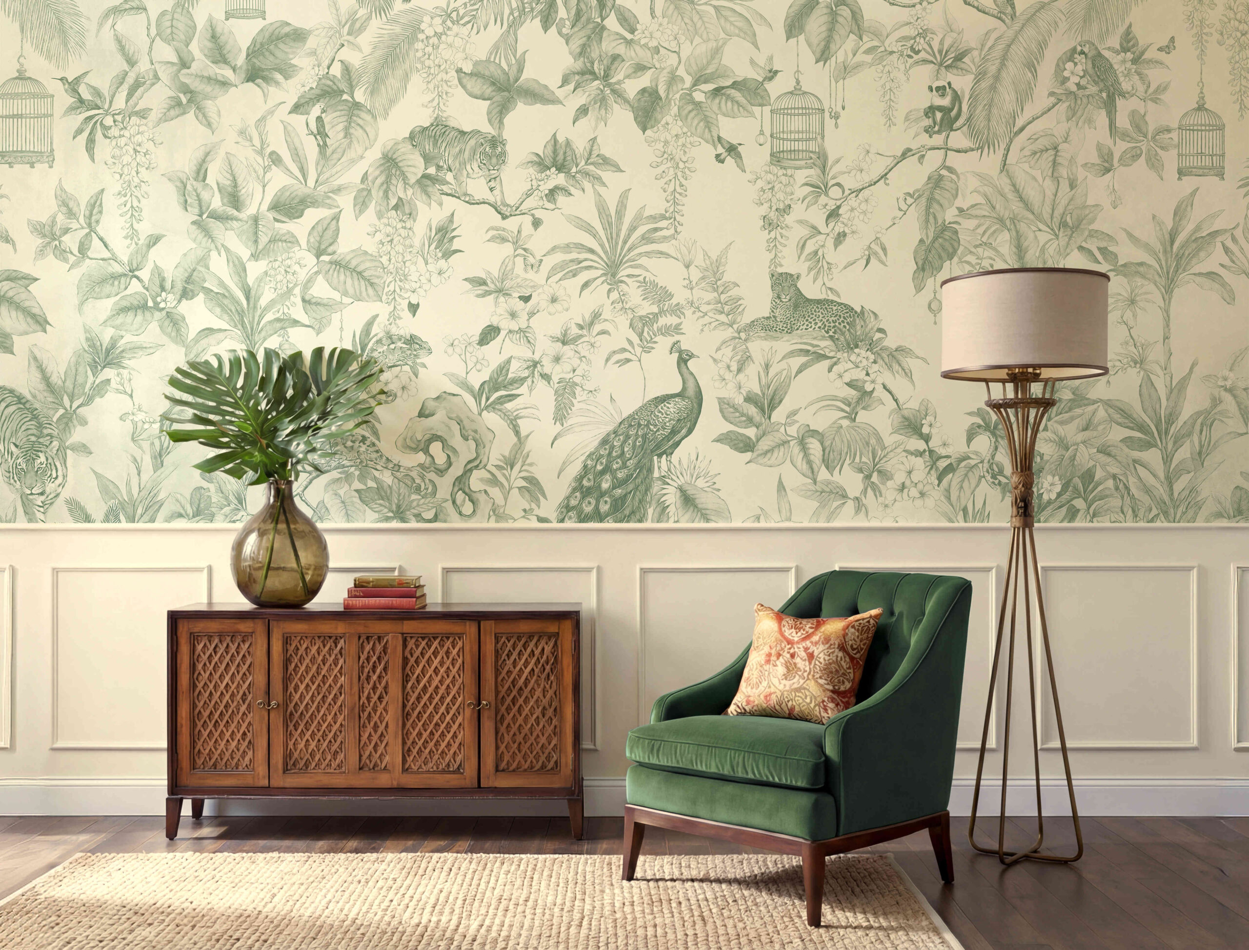 Musee | Royal Menagerie Toile Wall Mural Monochromatic toile de jouy style wall mural by Musee featuring tigers, peacocks, and monkeys in an etched garden design, luxury wallpaper Dubai.