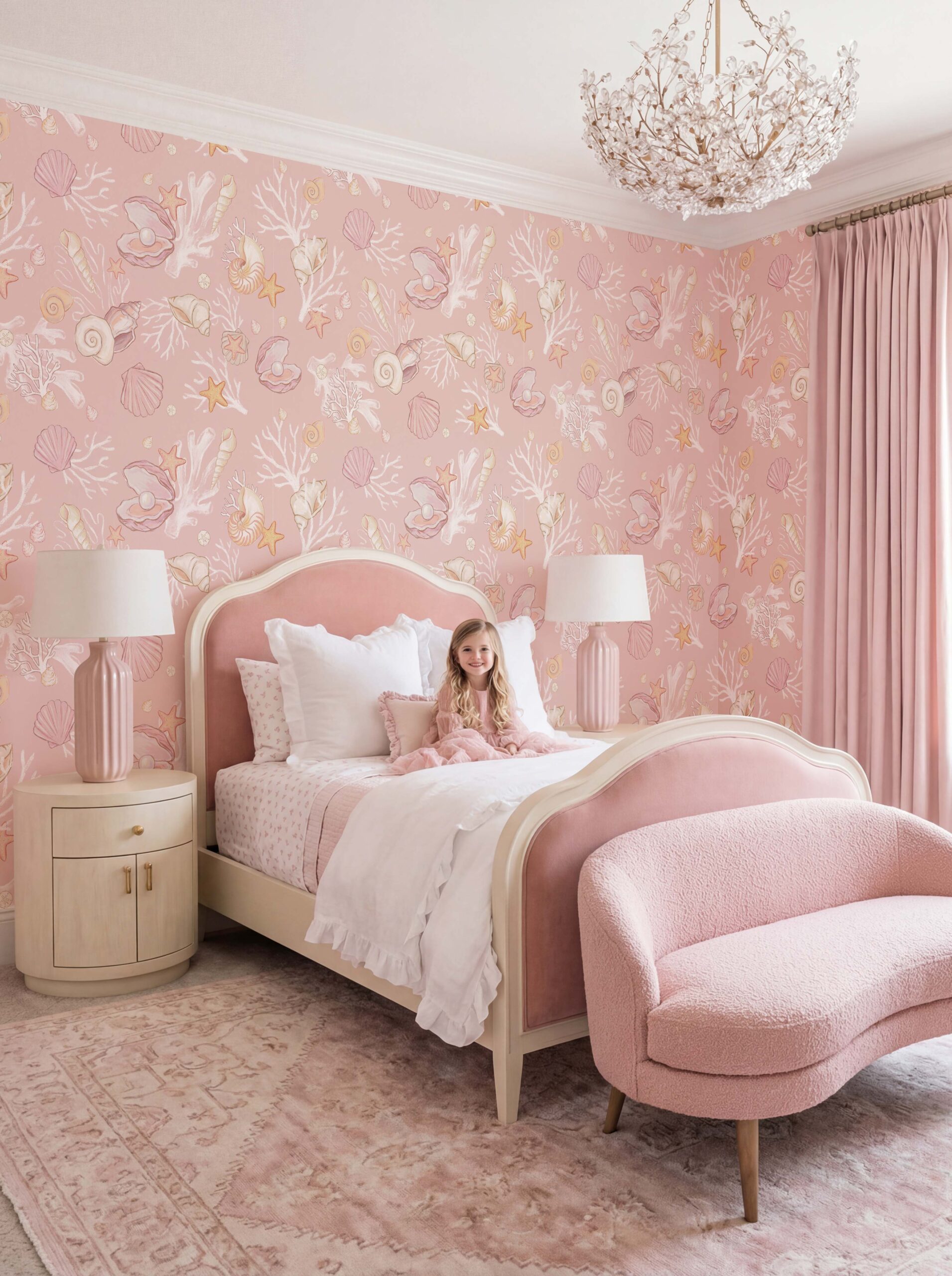 Musee | Seashell Tales Wallpaper Musee custom children's wallpaper featuring a seamless watercolor pattern of seashells, starfish, corals, and pearls on a soft background.