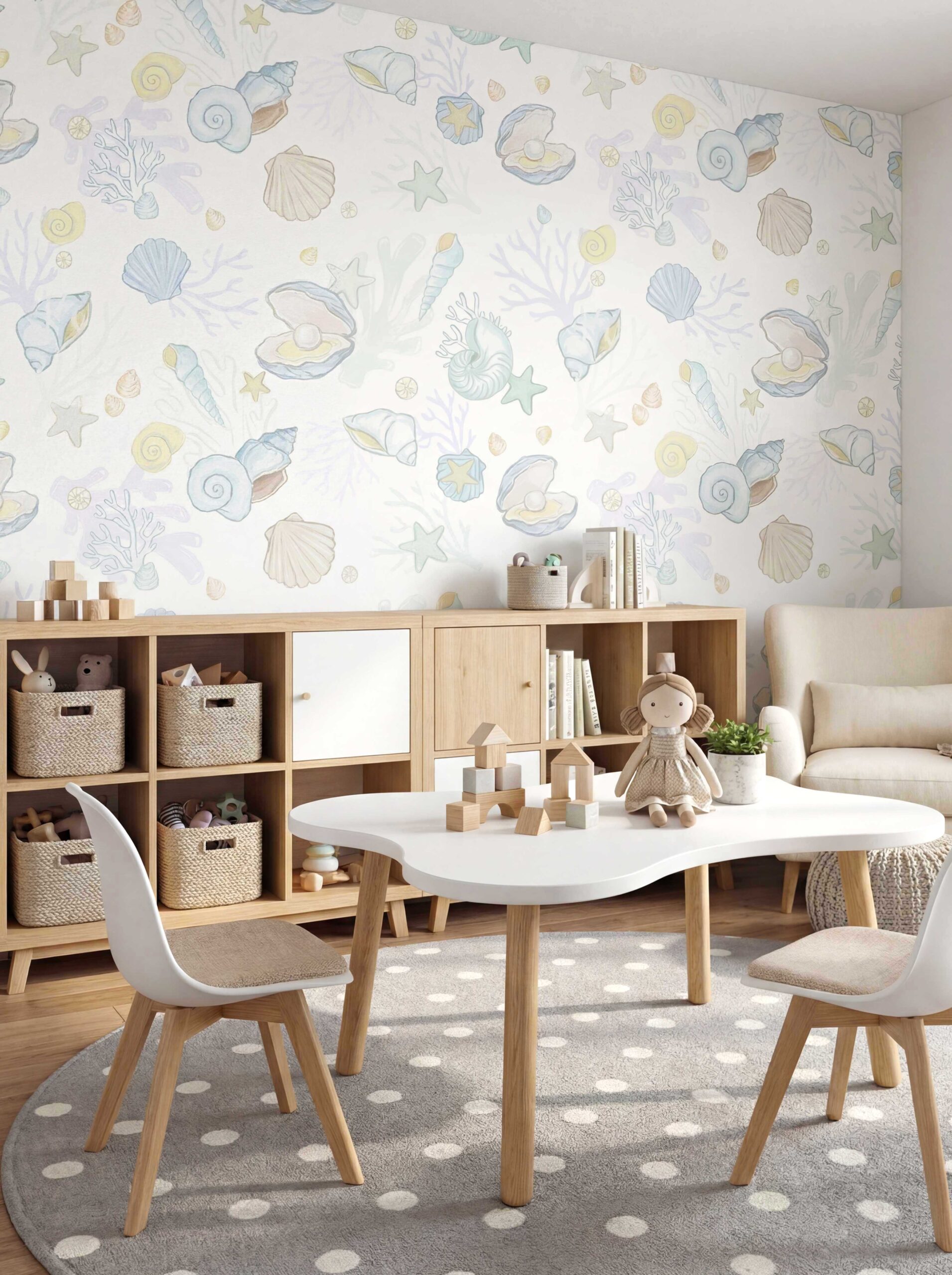 Musee | Seashell Tales Wallpaper Musee custom children's wallpaper featuring a seamless watercolor pattern of seashells, starfish, corals, and pearls on a soft background.
