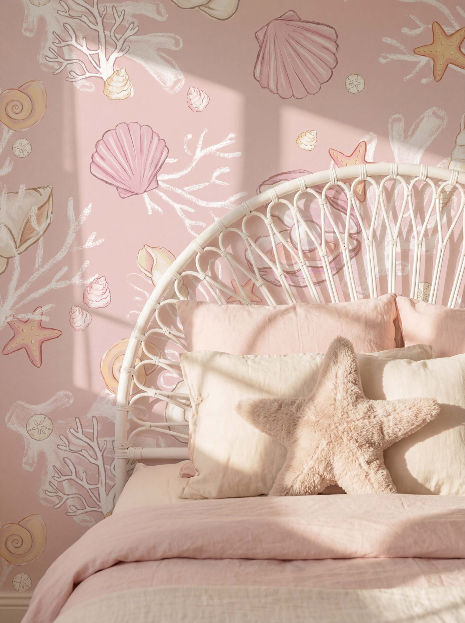 Musee | Seashell Tales Wallpaper Musee custom children's wallpaper featuring a seamless watercolor pattern of seashells, starfish, corals, and pearls on a soft background.