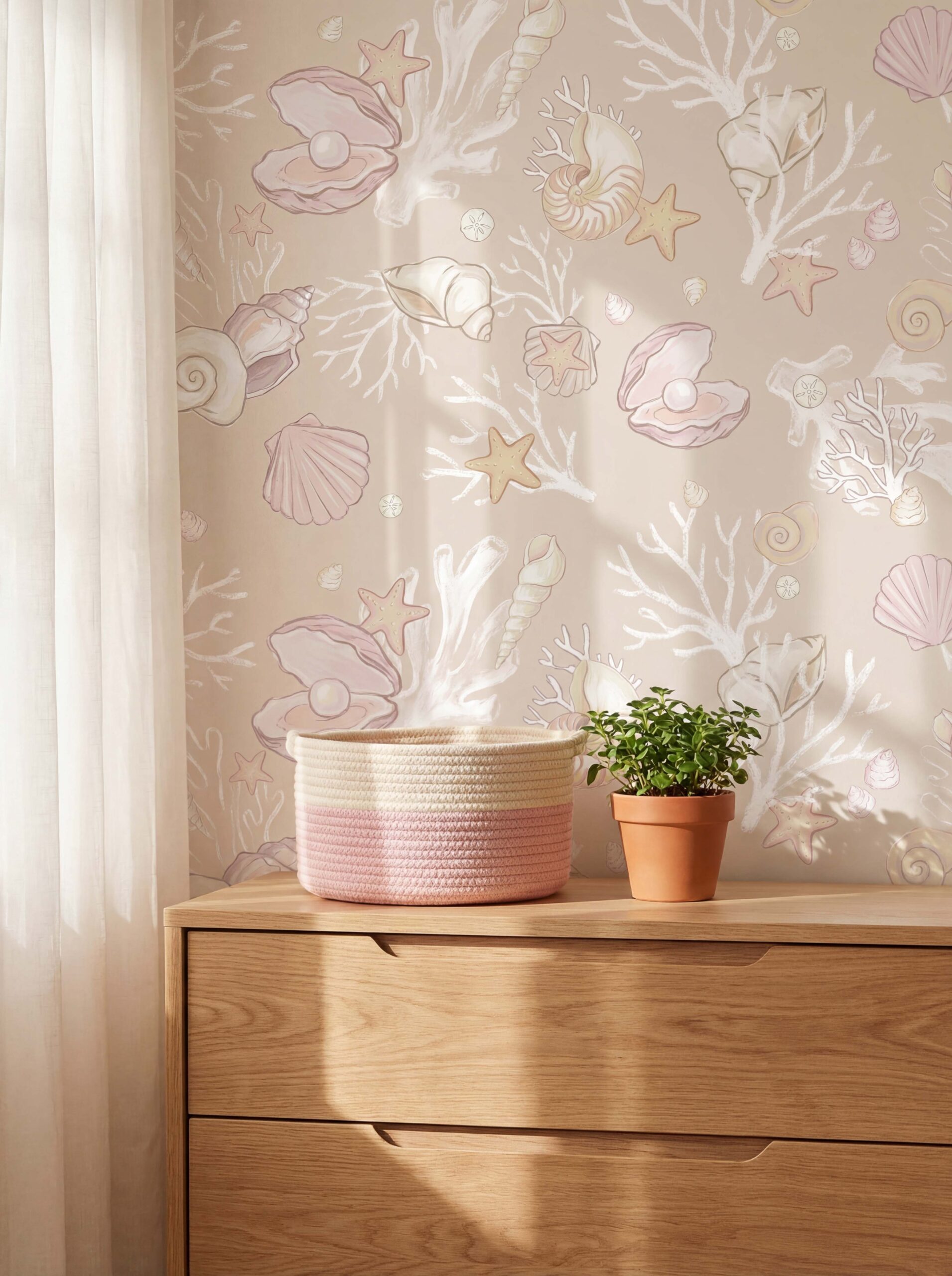 Musee | Seashell Tales Wallpaper Musee custom children's wallpaper featuring a seamless watercolor pattern of seashells, starfish, corals, and pearls on a soft background.