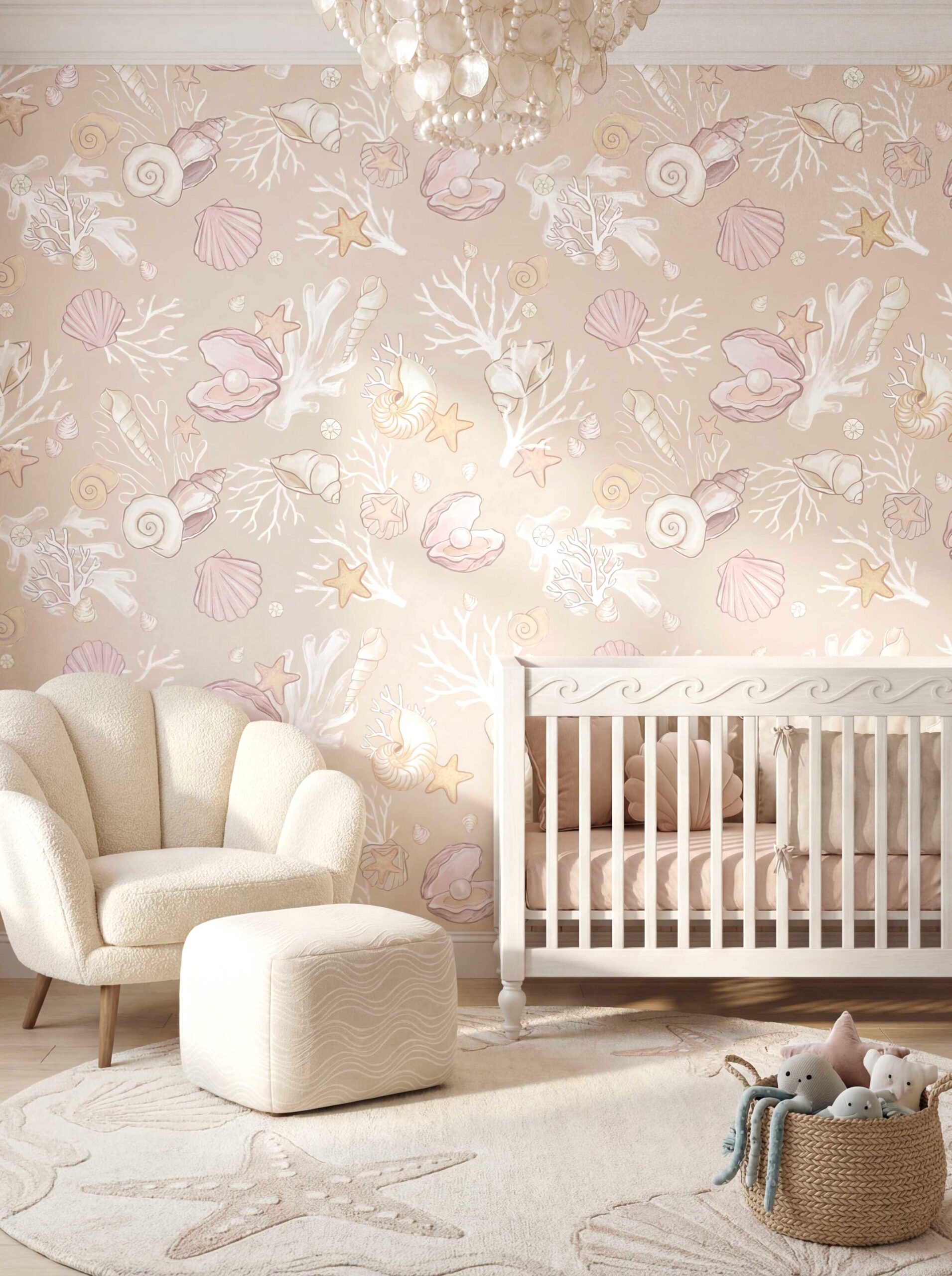 Musee | Seashell Tales Wallpaper Musee custom children's wallpaper featuring a seamless watercolor pattern of seashells, starfish, corals, and pearls on a soft background.