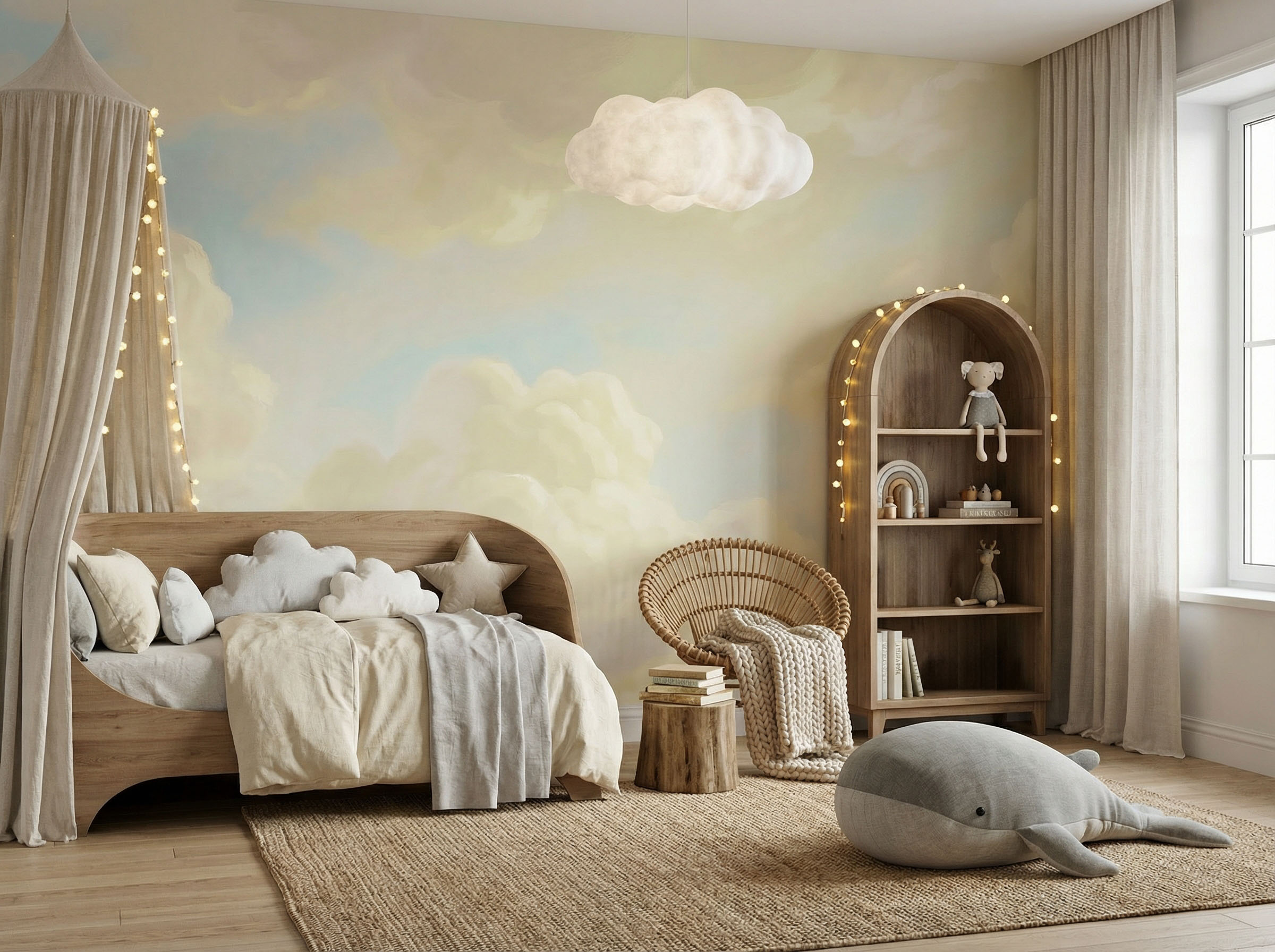 Musee | Dreamy Cloudscape Wall Mural Musee custom children's wallpaper featuring beautifully painted, fluffy clouds with soft, diffused light creating a dreamy and peaceful sky atmosphere.