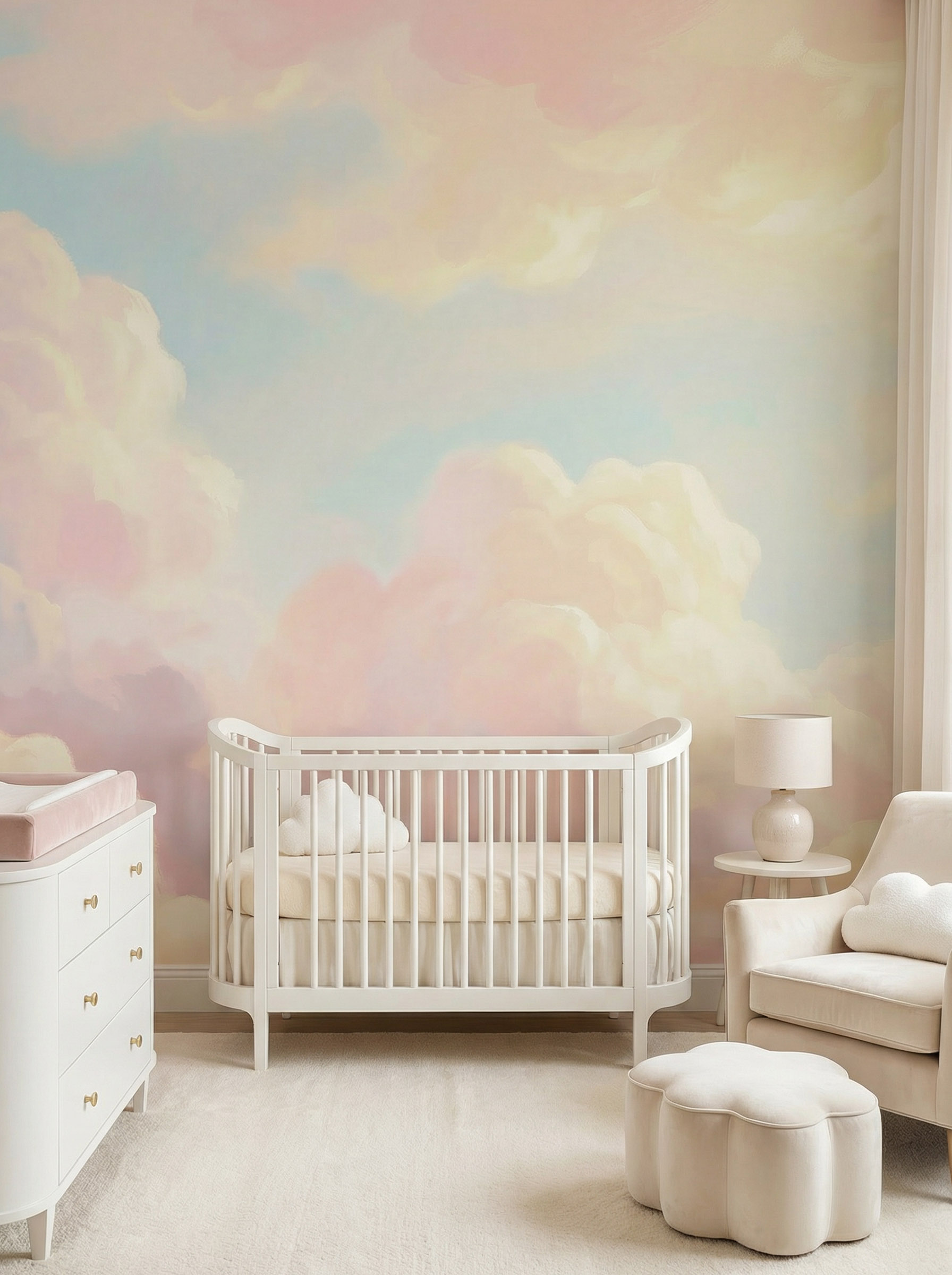 Musee | Dreamy Cloudscape Wall Mural Musee custom children's wallpaper featuring beautifully painted, fluffy clouds with soft, diffused light creating a dreamy and peaceful sky atmosphere.