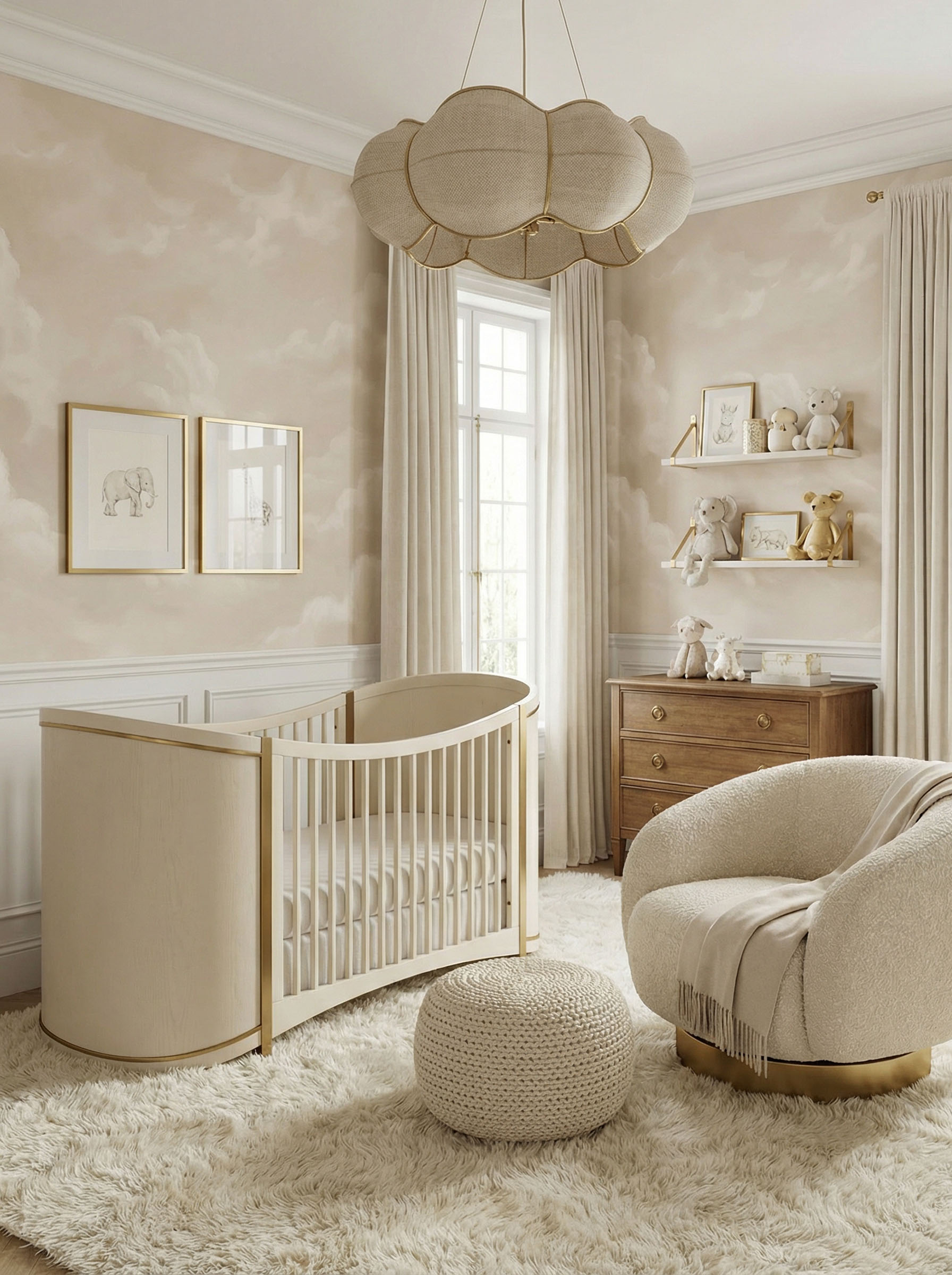 Musee | Dreamy Cloudscape Wall Mural Musee custom children's wallpaper featuring beautifully painted, fluffy clouds with soft, diffused light creating a dreamy and peaceful sky atmosphere.