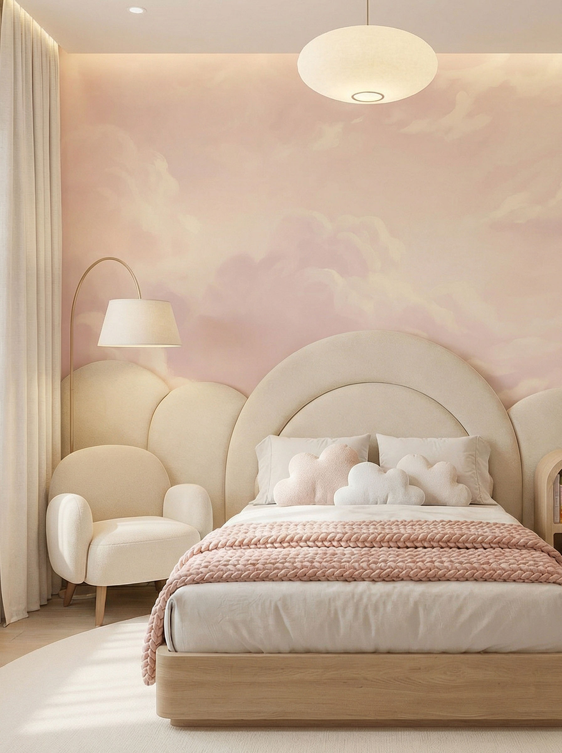 Musee | Dreamy Cloudscape Wall Mural Musee custom children's wallpaper featuring beautifully painted, fluffy clouds with soft, diffused light creating a dreamy and peaceful sky atmosphere.