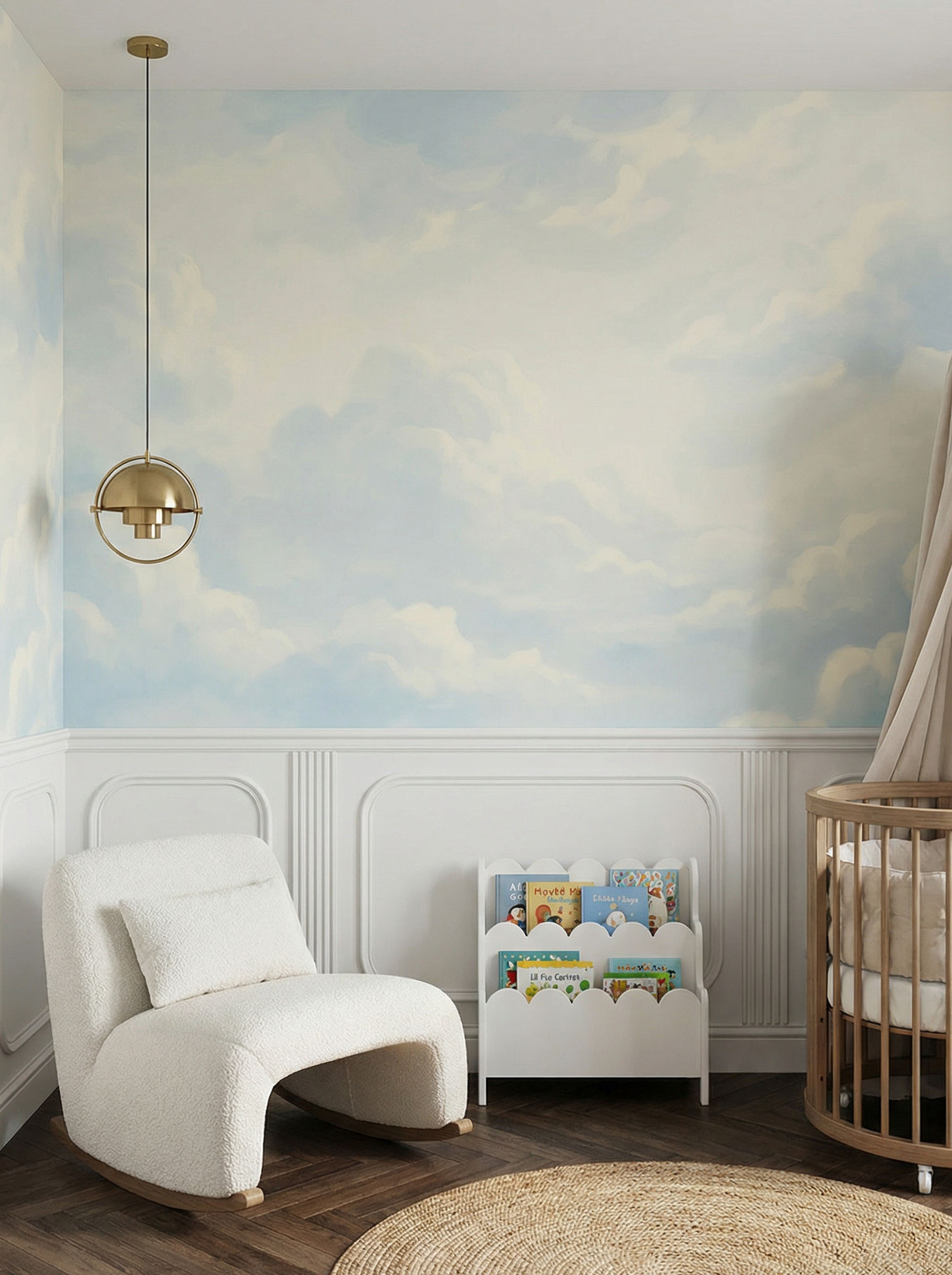 Musee | Dreamy Cloudscape Wall Mural Musee custom children's wallpaper featuring beautifully painted, fluffy clouds with soft, diffused light creating a dreamy and peaceful sky atmosphere.