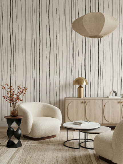 Musee custom minimalist wallpaper featuring an organic, hand-drawn vertical striped pattern with subtle textures.
