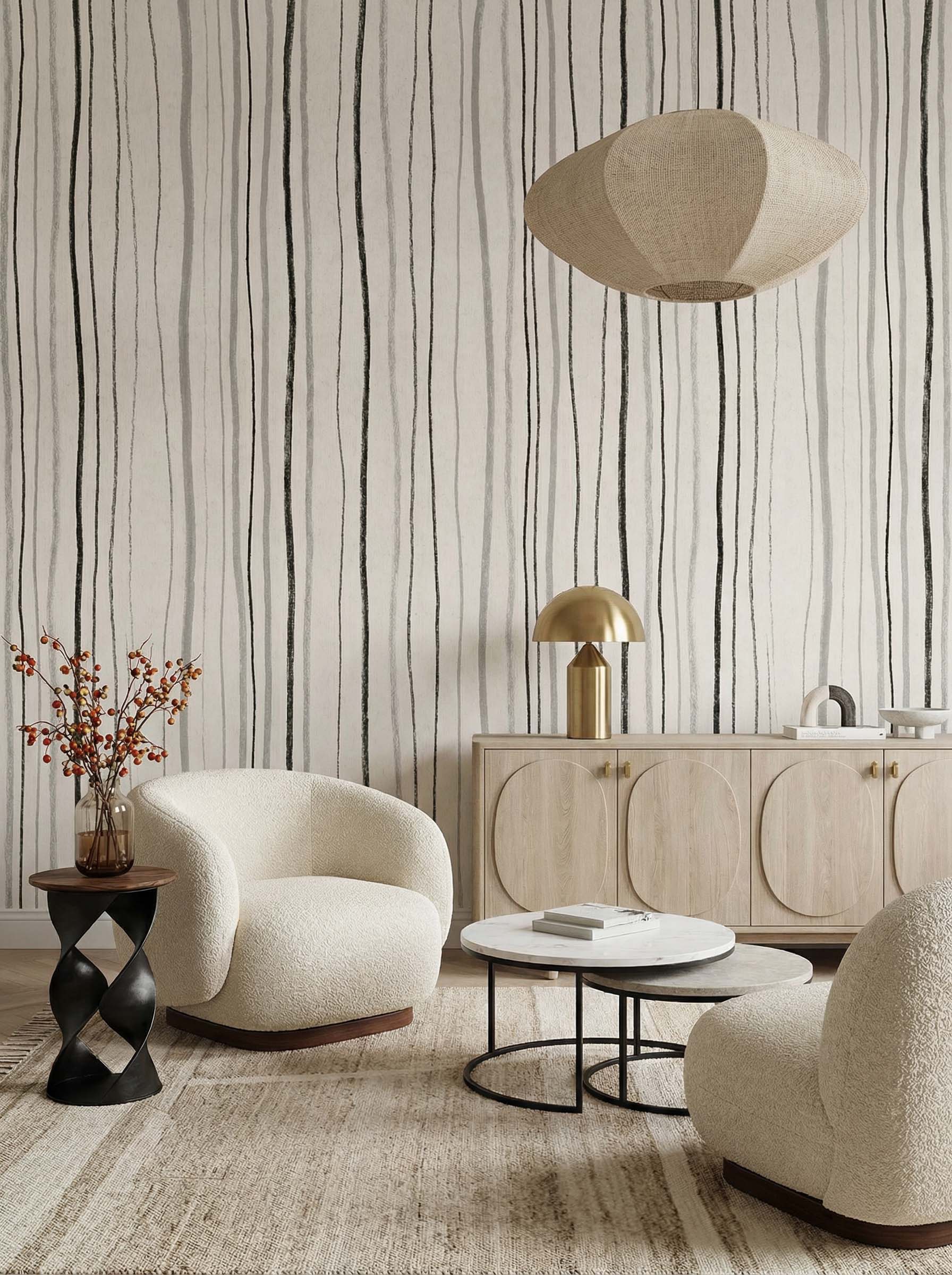 Musee | Artisan Lines Wall Mural Musee custom minimalist wallpaper featuring an organic, hand-drawn vertical striped pattern with subtle textures.