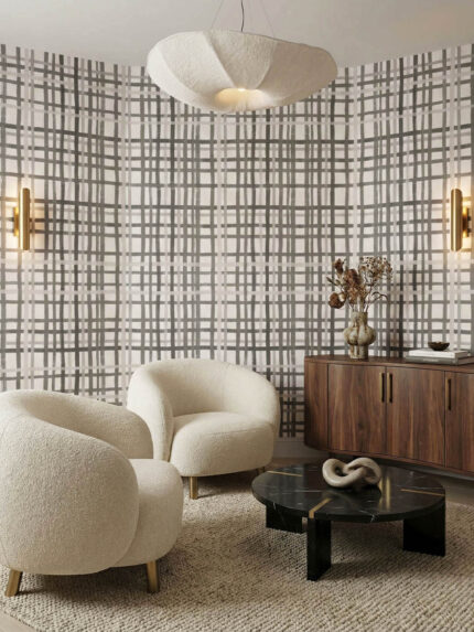 Musee custom wallpaper featuring a versatile, hand-painted check pattern with organic, slightly irregular overlapping lines.