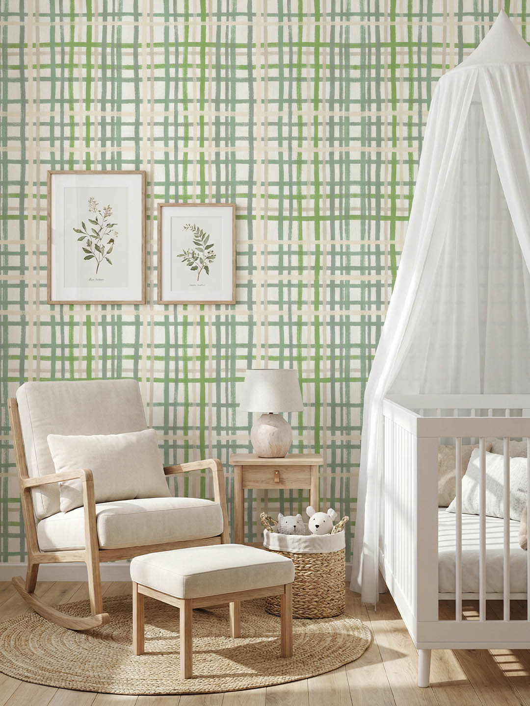 M026 产品主图给儿童 Musee custom wallpaper featuring a versatile, hand-painted check pattern with organic, slightly irregular overlapping lines.