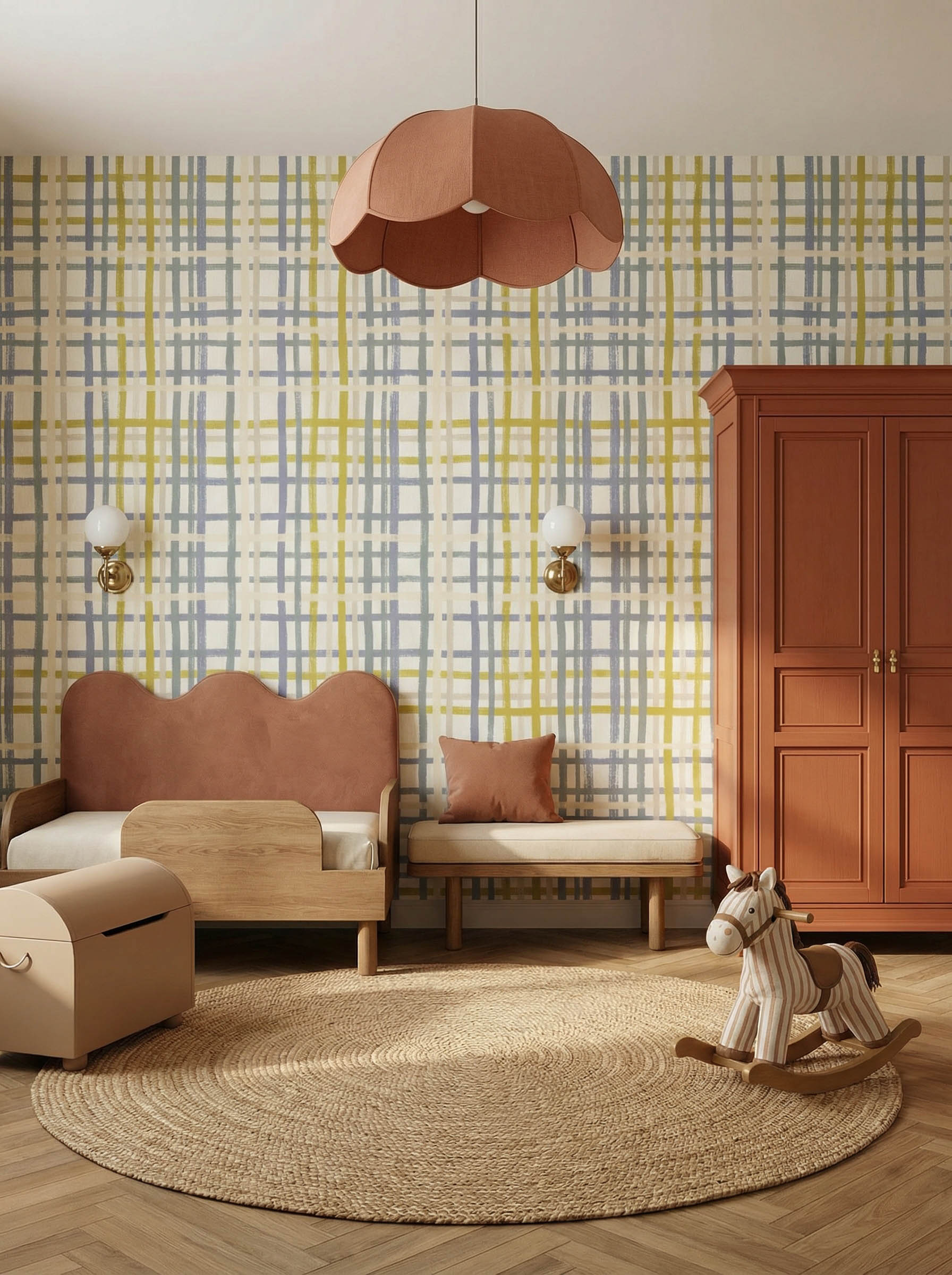 Musee | Cozy Check Wall Mural Musee custom wallpaper featuring a versatile, hand-painted check pattern with organic, slightly irregular overlapping lines.