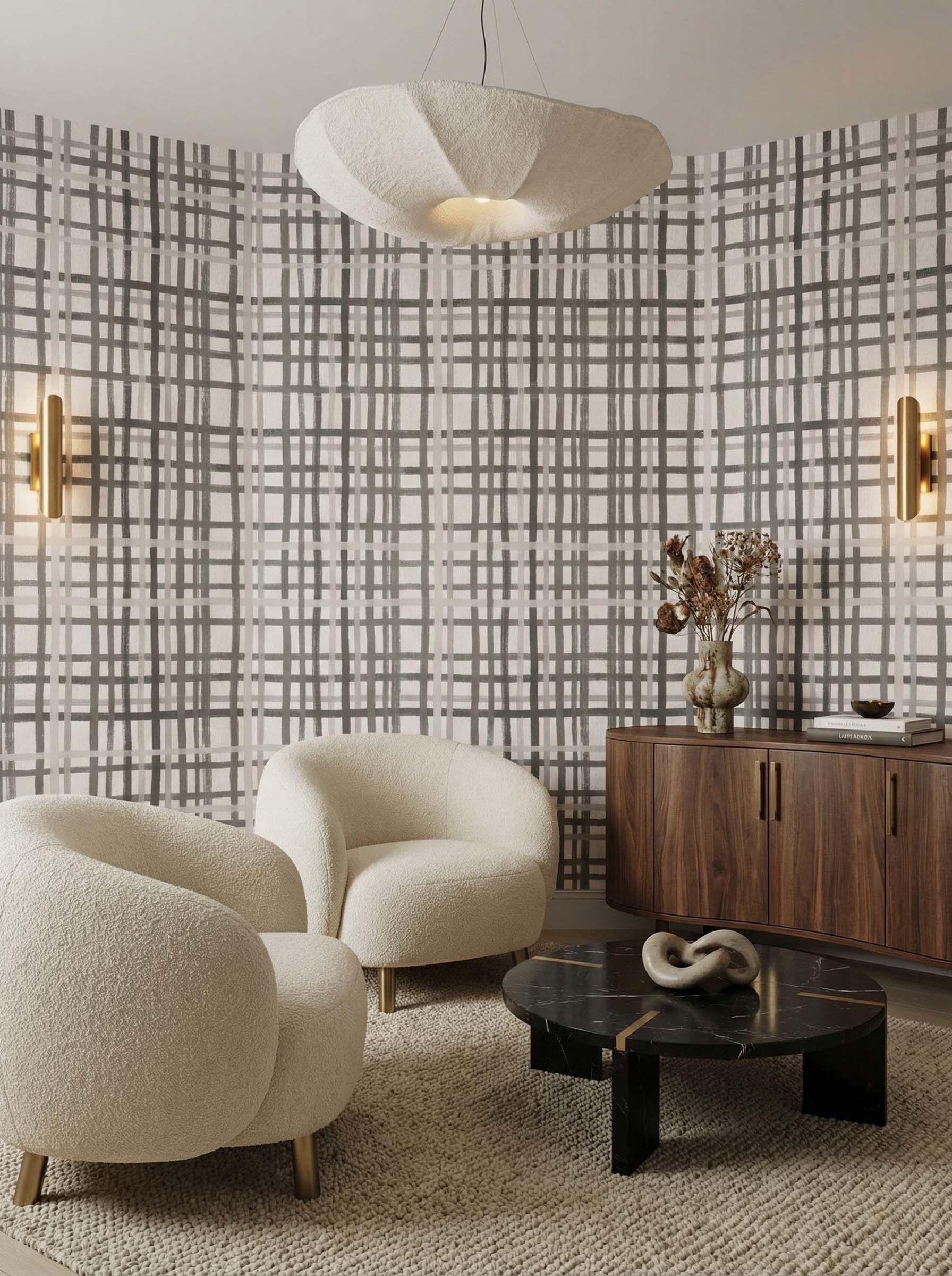 Musee | Cozy Check Wall Mural Musee custom wallpaper featuring a versatile, hand-painted check pattern with organic, slightly irregular overlapping lines.