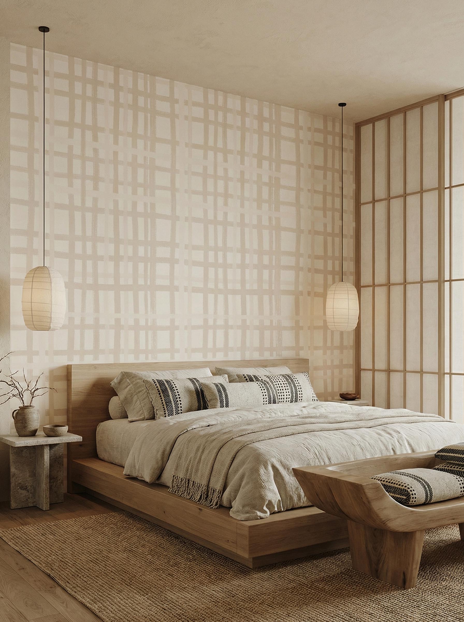 Musee | Cozy Check Wall Mural Musee custom wallpaper featuring a versatile, hand-painted check pattern with organic, slightly irregular overlapping lines.