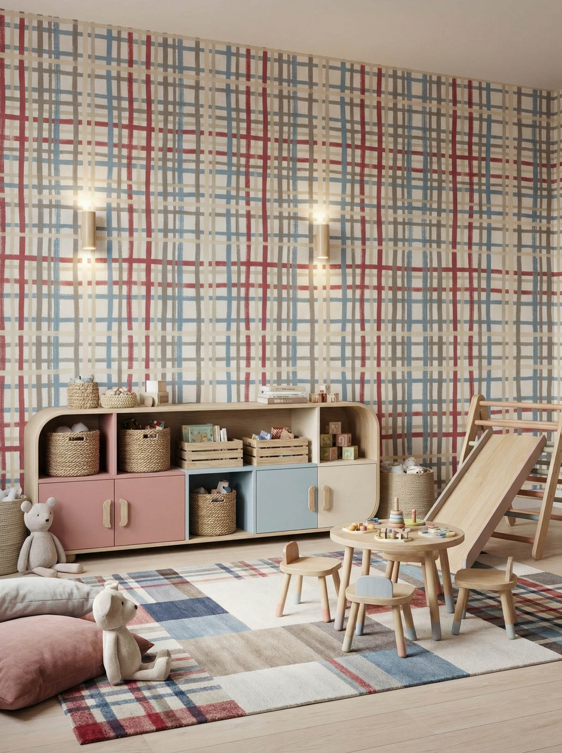 Musee | Cozy Check Wall Mural Musee custom wallpaper featuring a versatile, hand-painted check pattern with organic, slightly irregular overlapping lines.