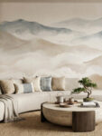 Watercolor style mountain landscape wall mural by Musee, featuring misty peaks and soft gradients in neutral tones, luxury wallpaper Dubai.