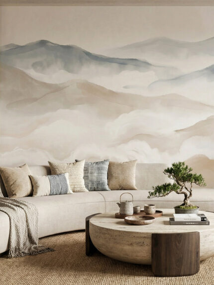 Watercolor style mountain landscape wall mural by Musee, featuring misty peaks and soft gradients in neutral tones, luxury wallpaper Dubai.