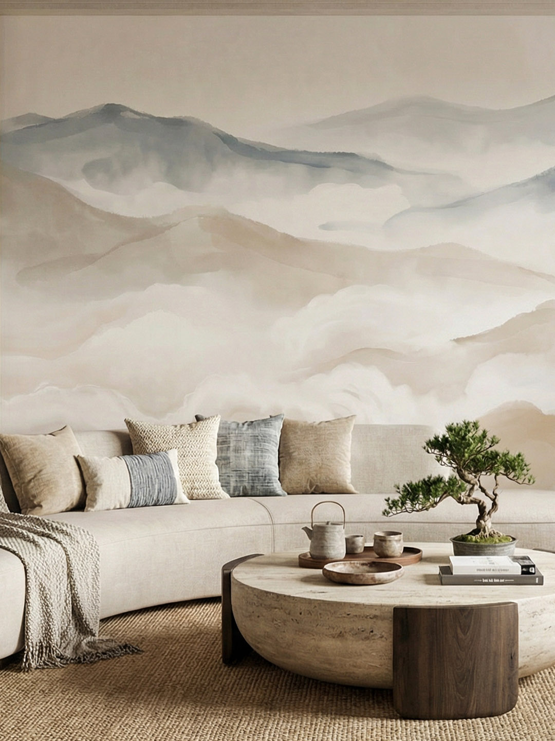 Z012 产品主图 Watercolor style mountain landscape wall mural by Musee, featuring misty peaks and soft gradients in neutral tones, luxury wallpaper Dubai.
