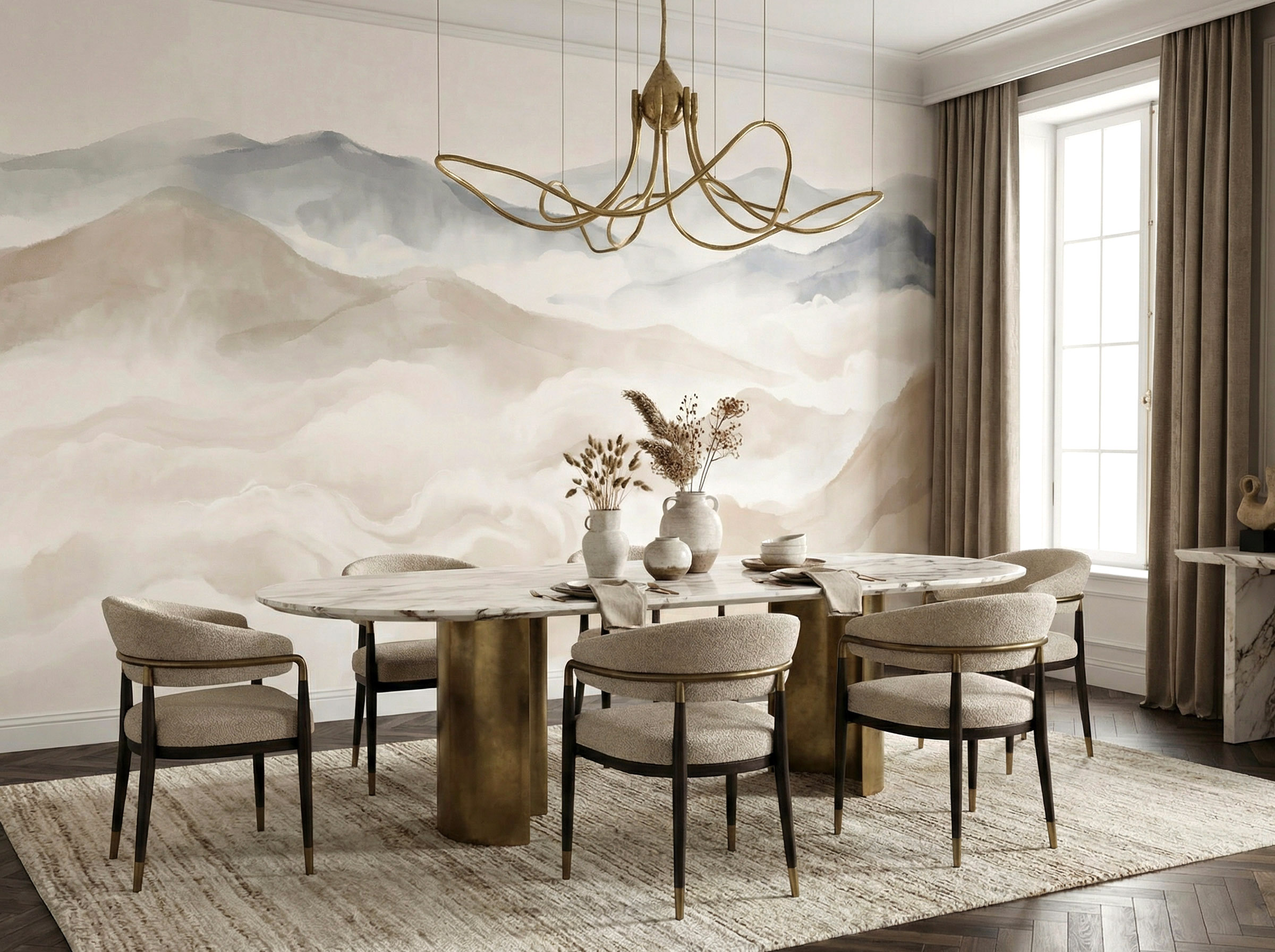 Musee | Celestial Peaks Wall Mural Watercolor style mountain landscape wall mural by Musee, featuring misty peaks and soft gradients in neutral tones, luxury wallpaper Dubai.