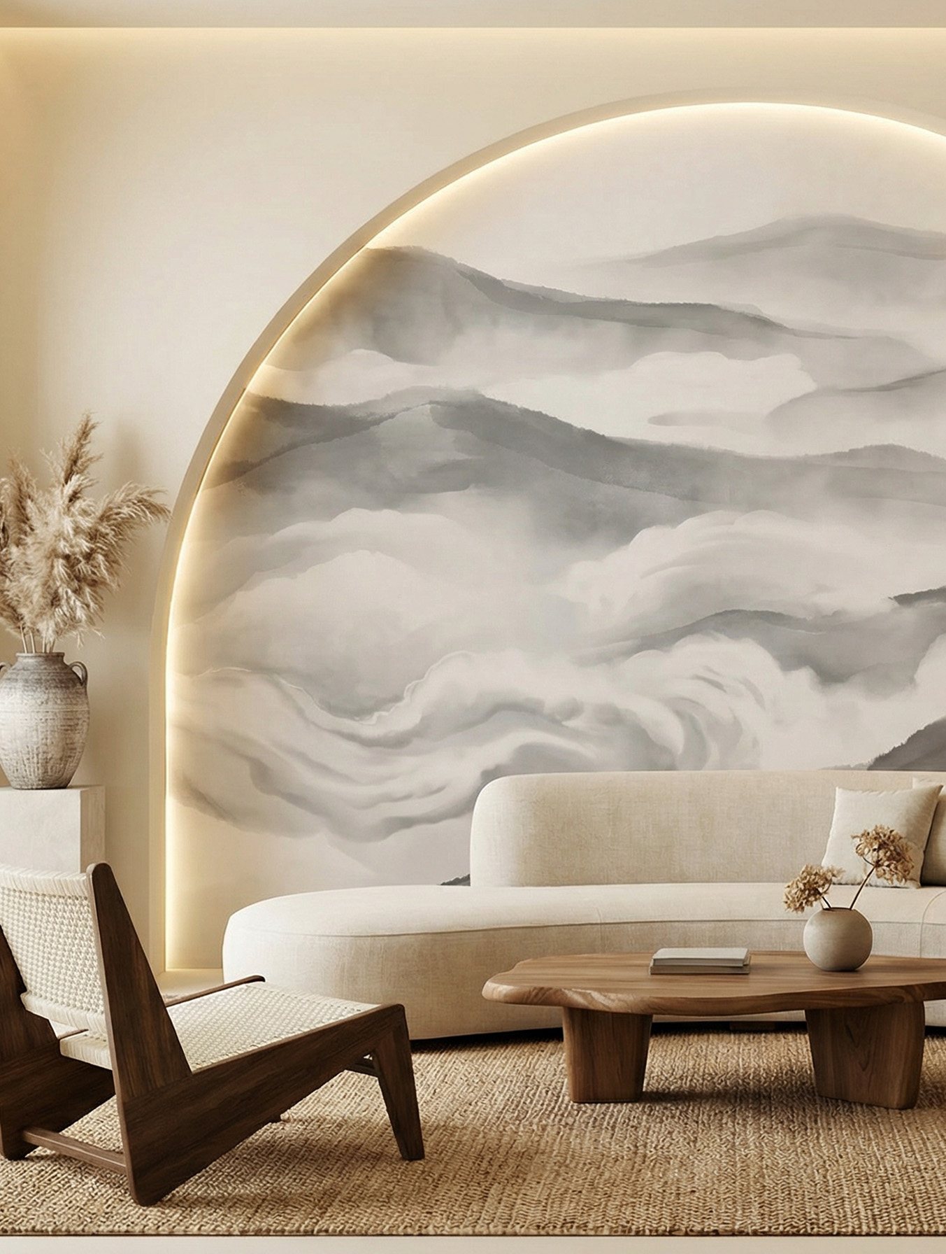Musee | Celestial Peaks Wall Mural Watercolor style mountain landscape wall mural by Musee, featuring misty peaks and soft gradients in neutral tones, luxury wallpaper Dubai.