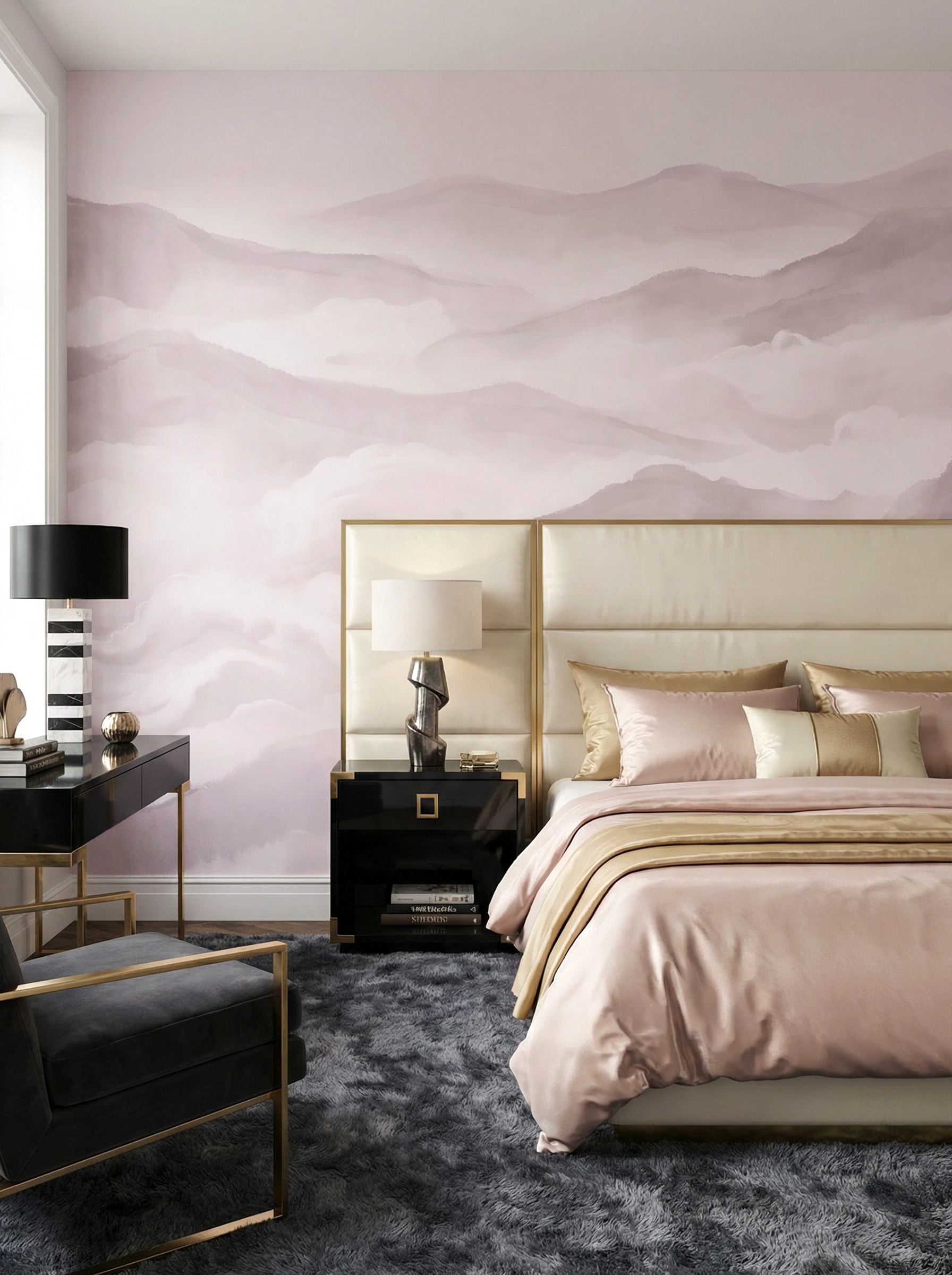 Musee | Celestial Peaks Wall Mural Watercolor style mountain landscape wall mural by Musee, featuring misty peaks and soft gradients in neutral tones, luxury wallpaper Dubai.