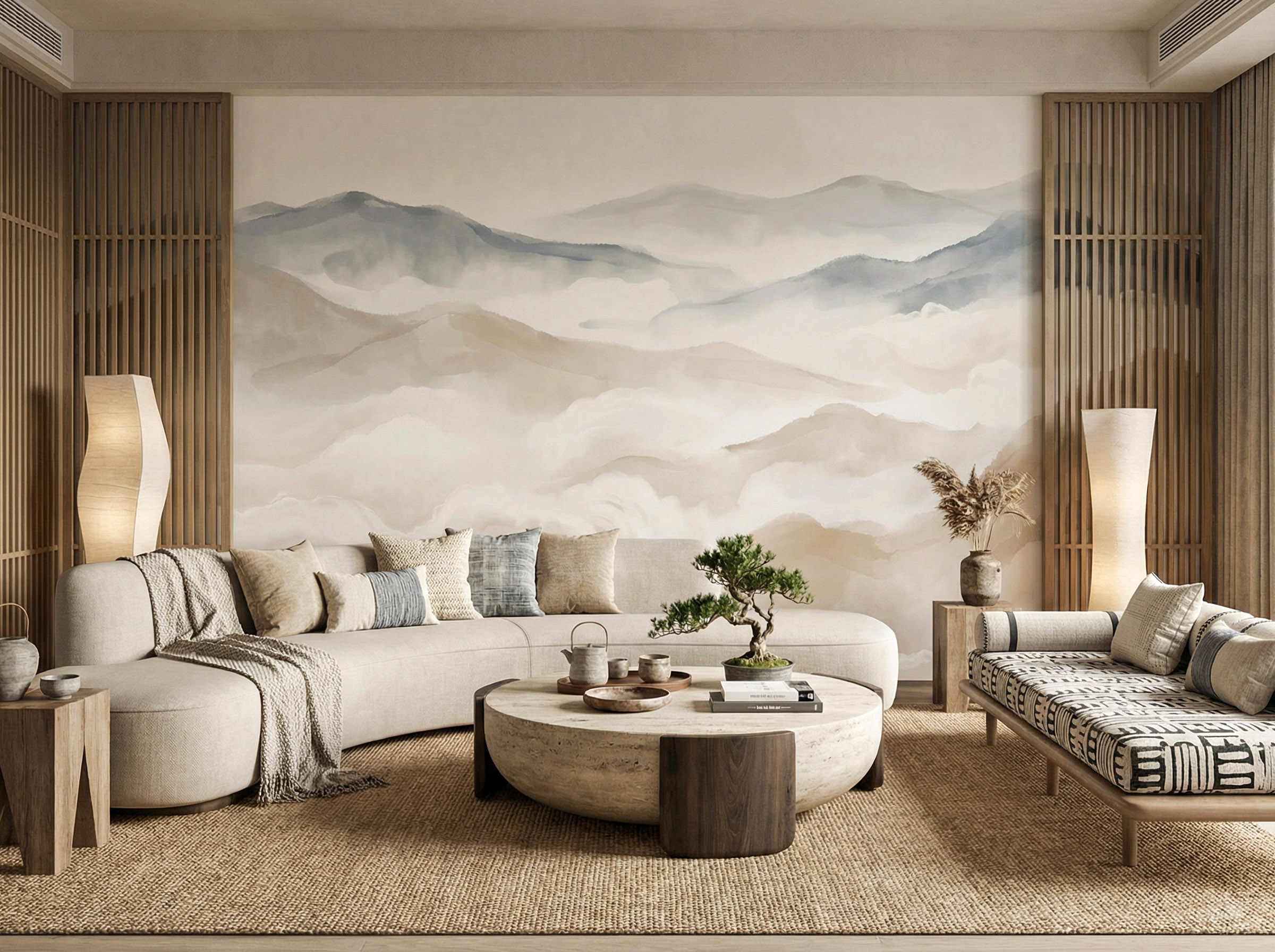 Musee | Celestial Peaks Wall Mural Watercolor style mountain landscape wall mural by Musee, featuring misty peaks and soft gradients in neutral tones, luxury wallpaper Dubai.