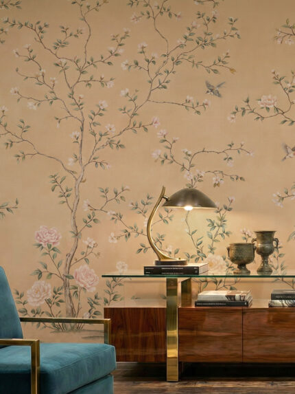 Classic Chinoiserie wall mural by Musee featuring winding floral branches, peonies, and birds on a textured vintage background, luxury wallpaper Dubai.