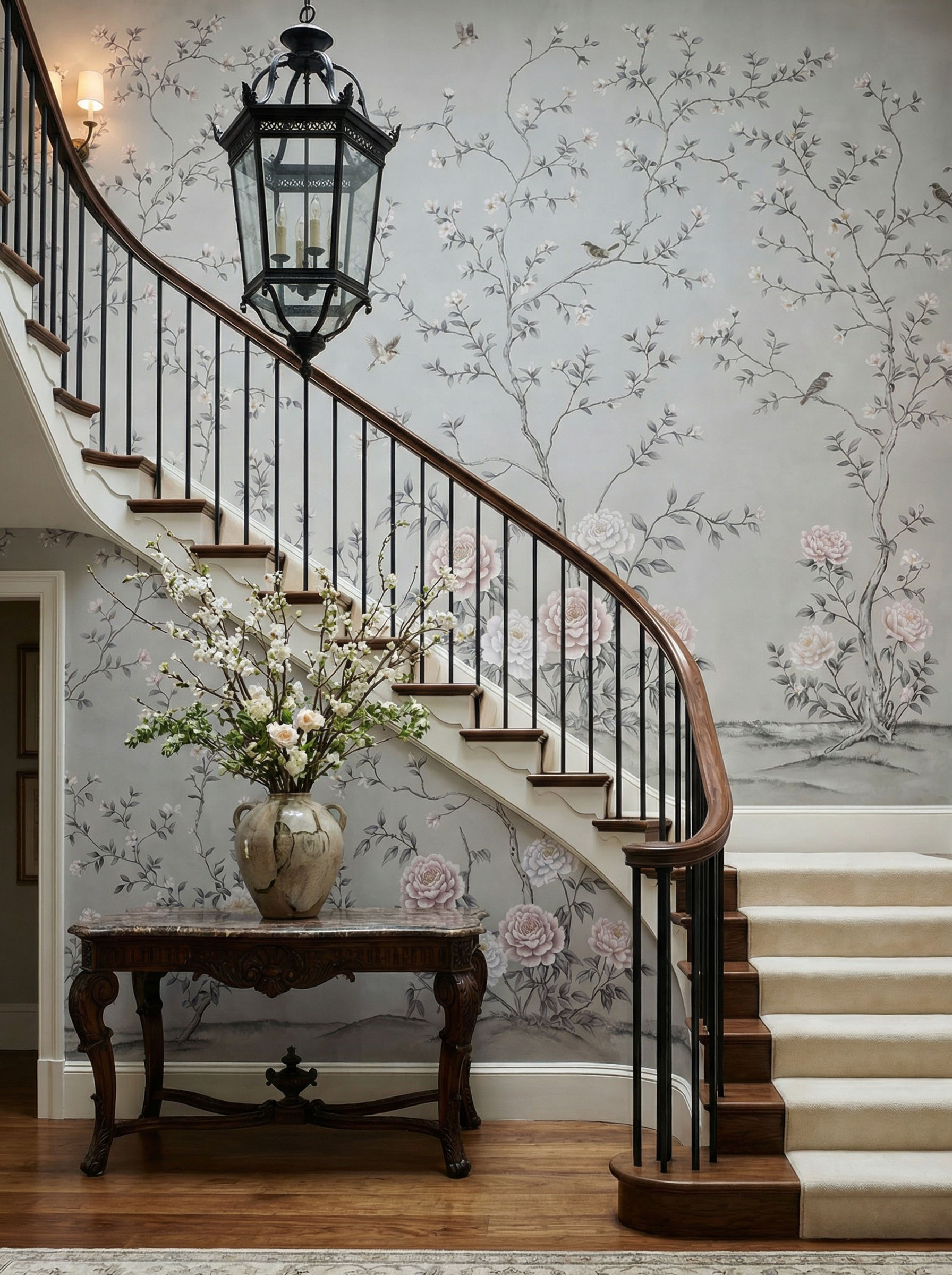 Musee | Spring Sonata Wall Mural Classic Chinoiserie wall mural by Musee featuring winding floral branches, peonies, and birds on a textured vintage background, luxury wallpaper Dubai.