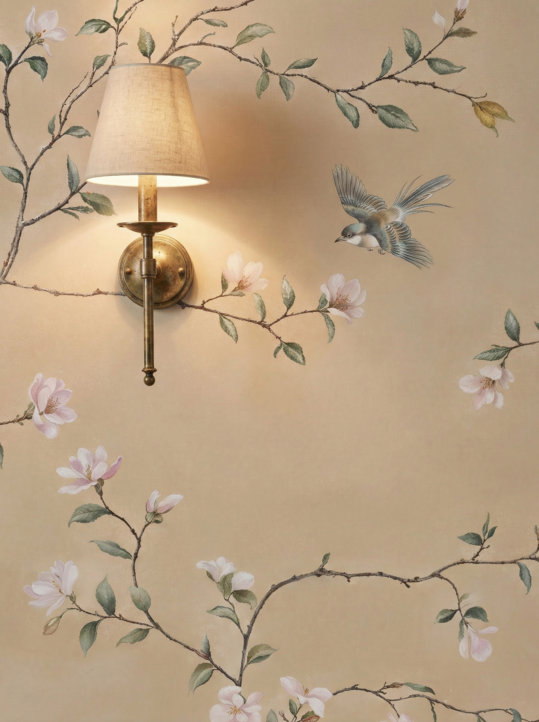 Musee | Spring Sonata Wall Mural Classic Chinoiserie wall mural by Musee featuring winding floral branches, peonies, and birds on a textured vintage background, luxury wallpaper Dubai.