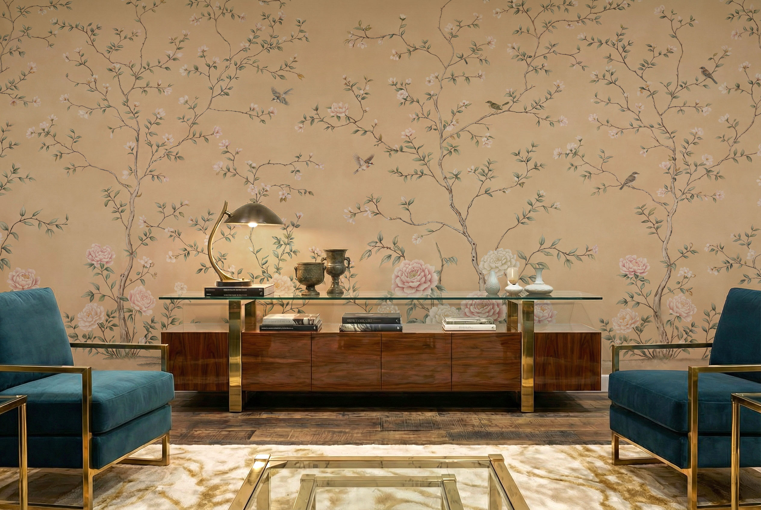Musee | Spring Sonata Wall Mural Classic Chinoiserie wall mural by Musee featuring winding floral branches, peonies, and birds on a textured vintage background, luxury wallpaper Dubai.