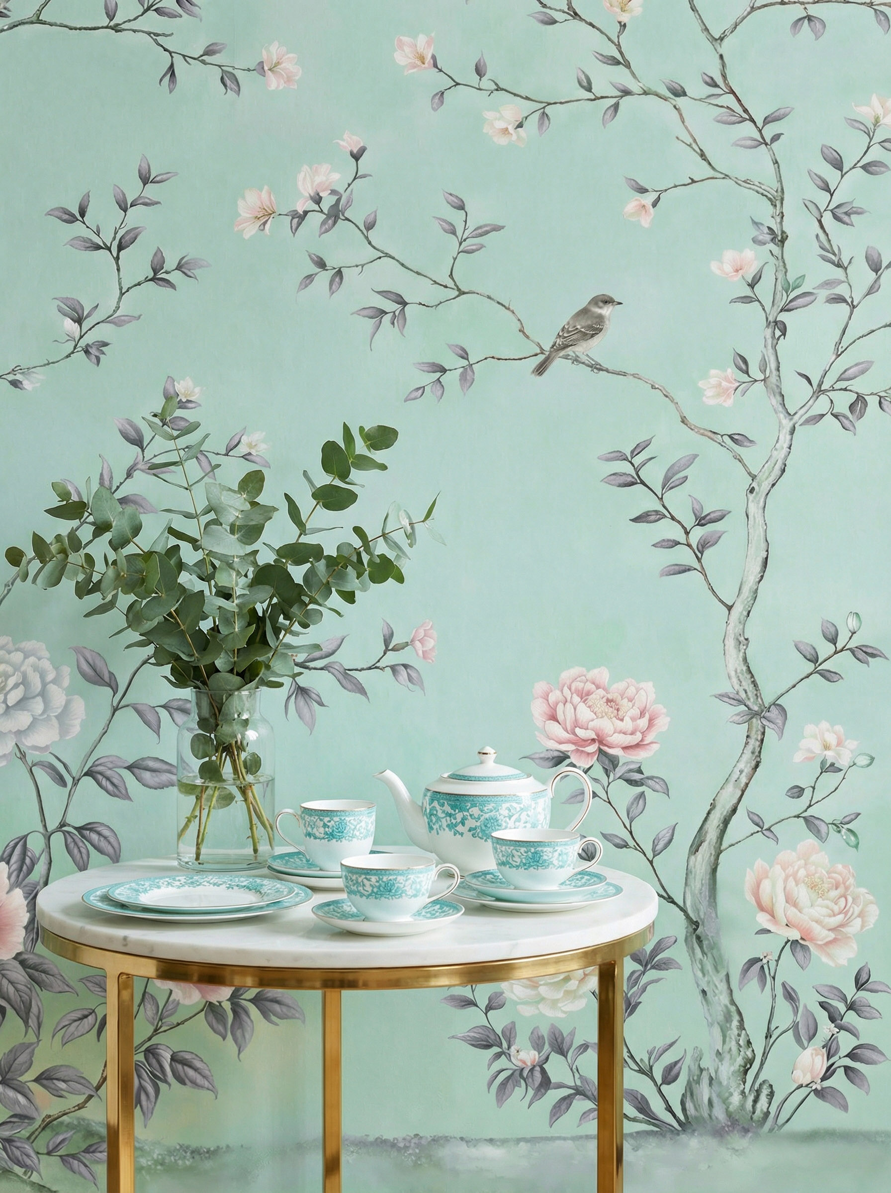 Musee | Spring Sonata Wall Mural Classic Chinoiserie wall mural by Musee featuring winding floral branches, peonies, and birds on a textured vintage background, luxury wallpaper Dubai.