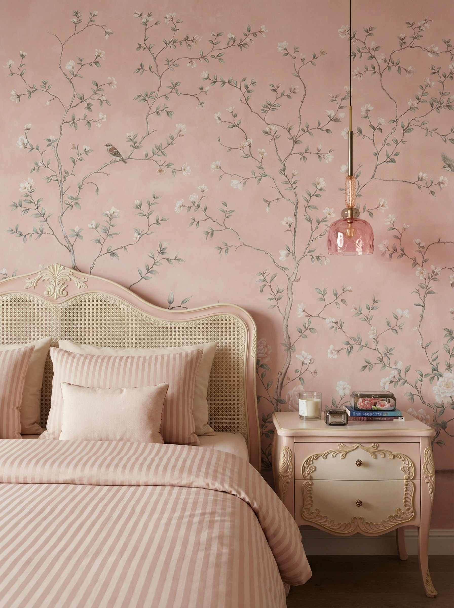 Musee | Spring Sonata Wall Mural Classic Chinoiserie wall mural by Musee featuring winding floral branches, peonies, and birds on a textured vintage background, luxury wallpaper Dubai.