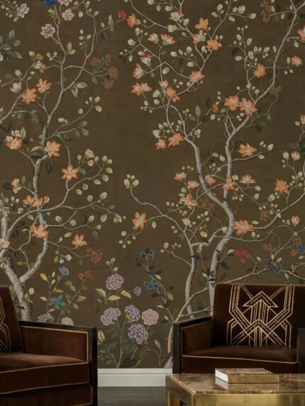 Classic Chinoiserie style wall mural by Musee featuring intricate flowering branches, peonies, and birds, luxury floral wallpaper Dubai.